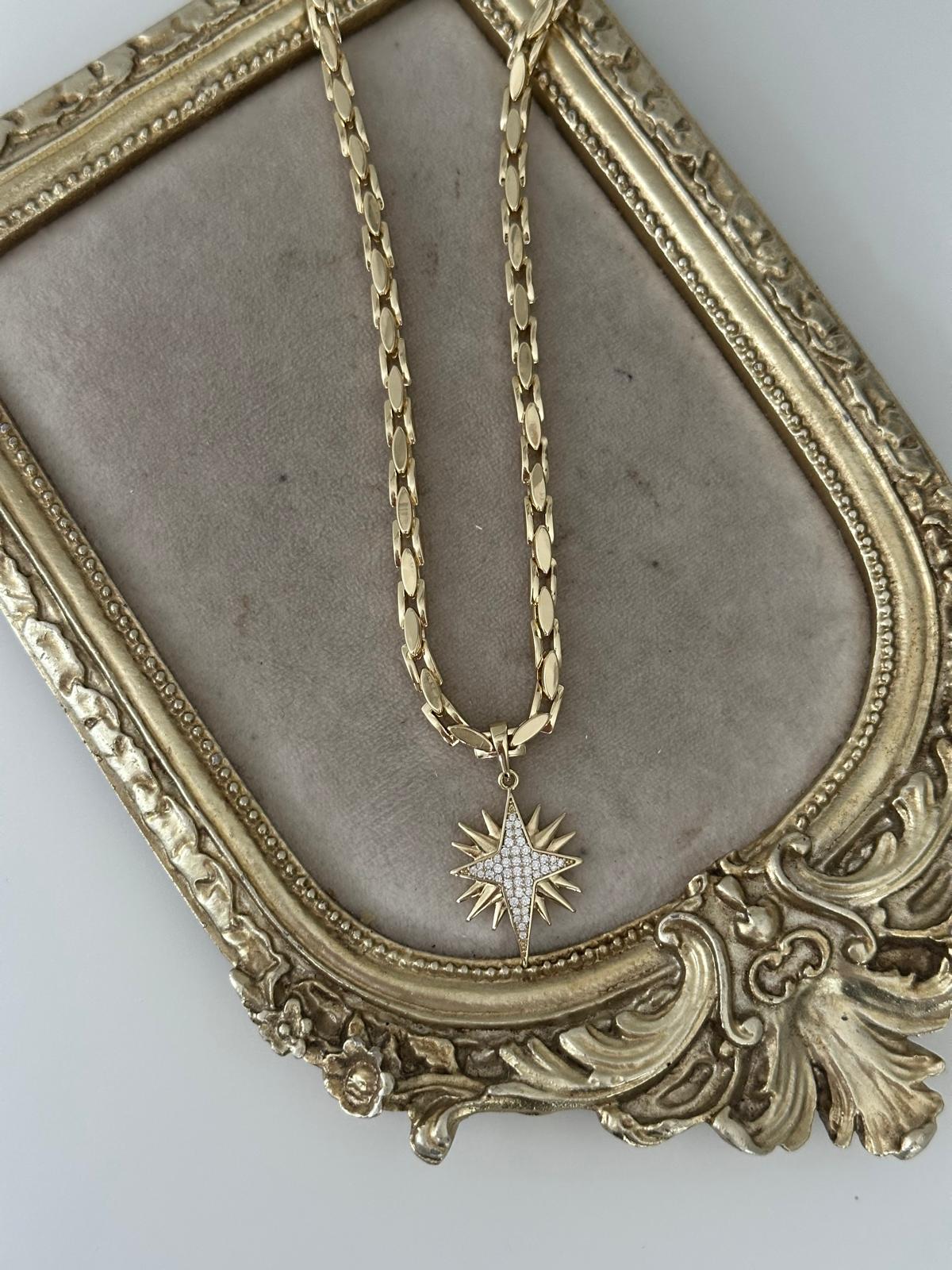 14K Gold Renkli Şarnel Bakla Kutup Yıldızı Uçlu Kolye