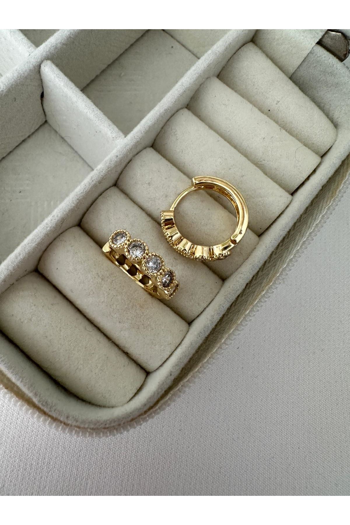 14K Gold Renkli  Halka Önü Beş Taşlı Küpe