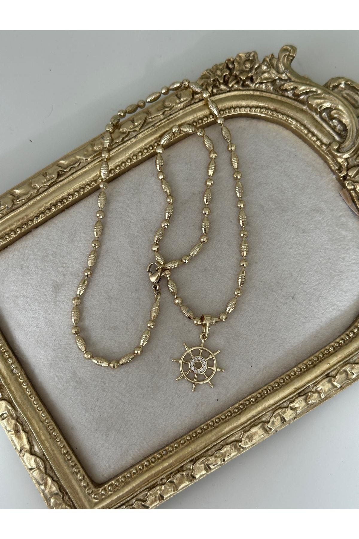 14K Gold Renkli Dorika Dolum Parlak Dümen Kilit Kolye