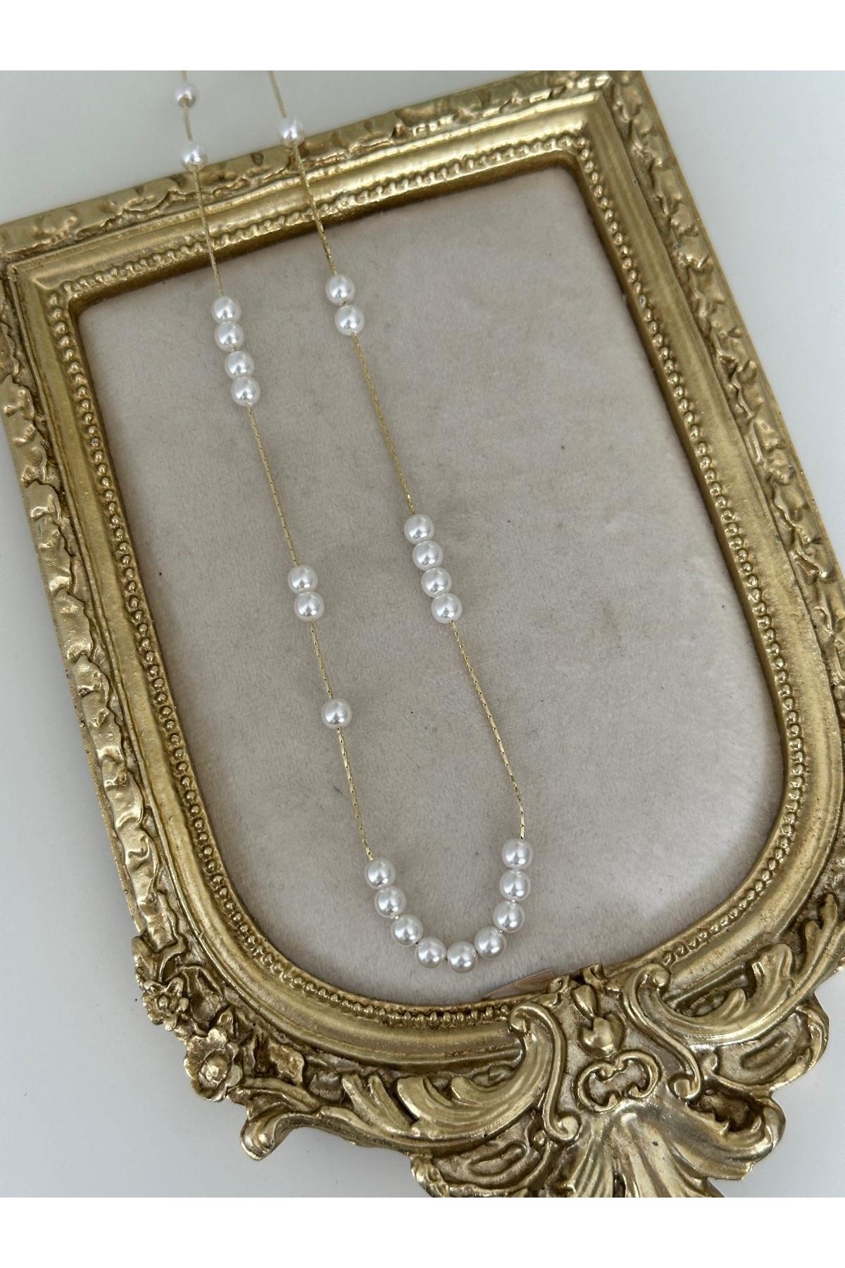 14K Gold Renkli Parlak Zincir Sıralı İnci Kolye