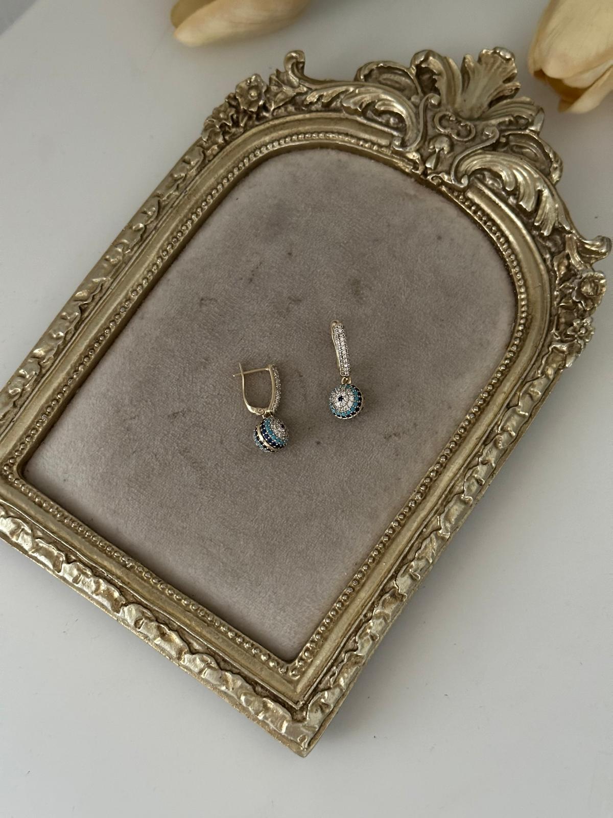 14K Gold Renkli Nazar Toppçuklu Oval Kesimli Taşlı Küpe