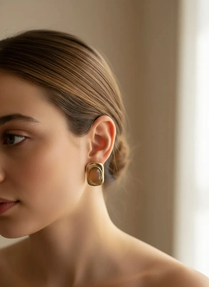 Gold Oval Kesim İki Renkli Küpe