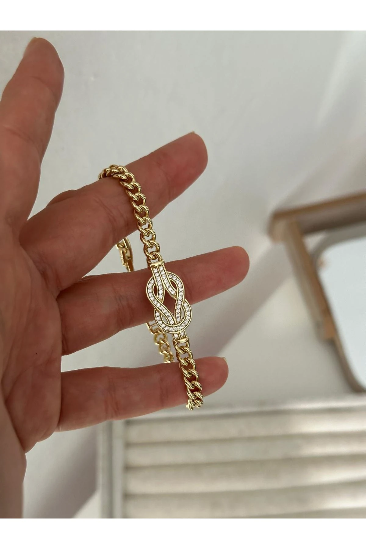 14K Gold Renkli Ortası Sonsuzluk Taşlı Örme Bileklik