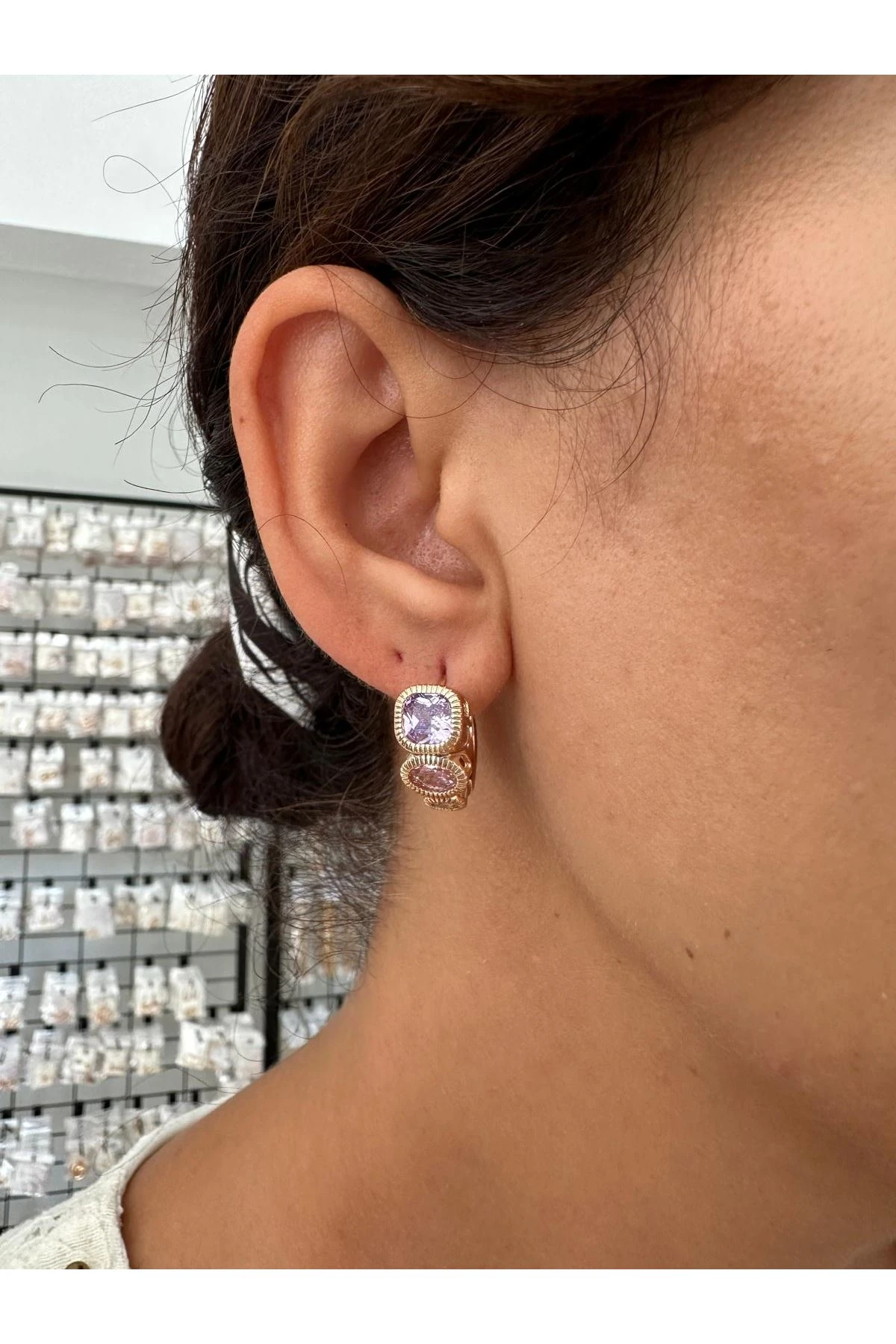 18K Rose Gold Renkli Halka Renkli Üç Formlu Orta Boy Küpe