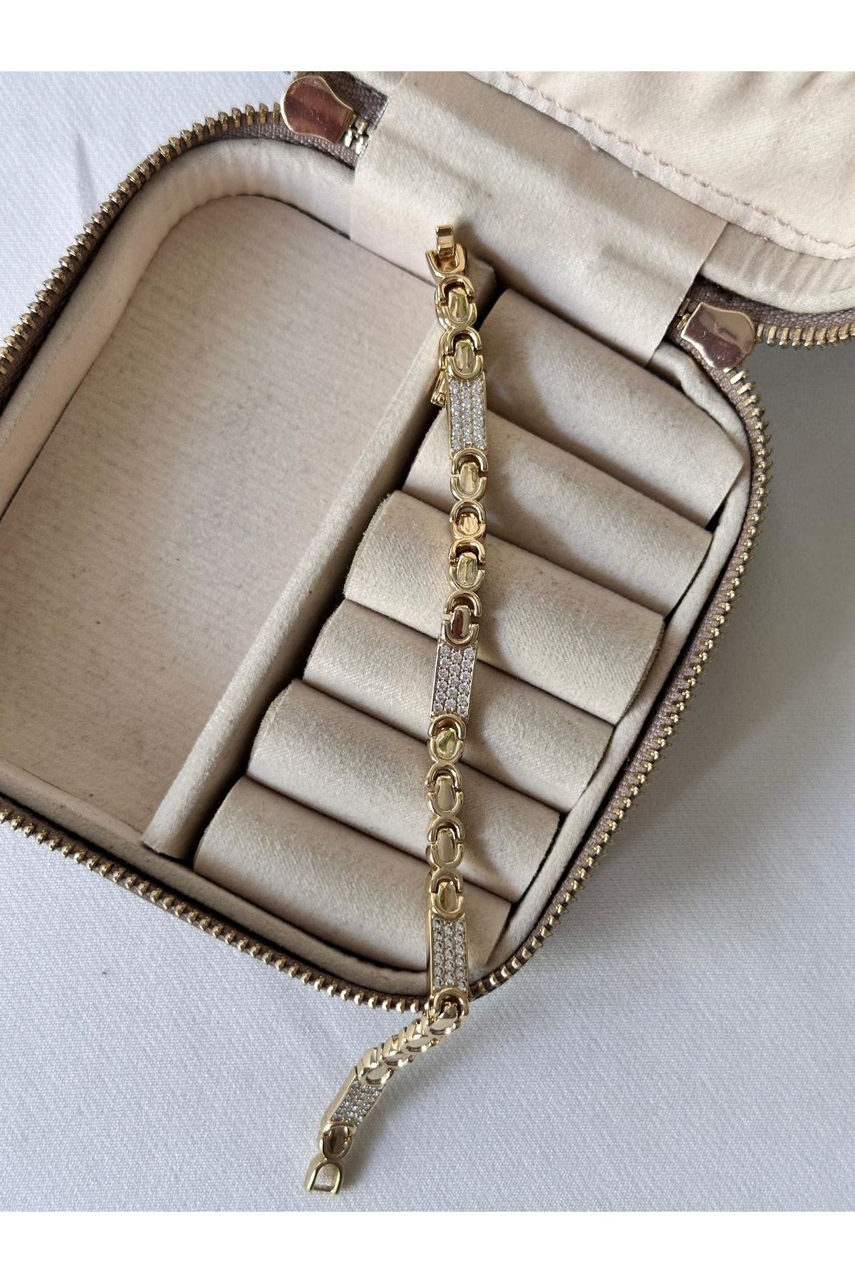 14K Gold Renkli  Plaka Taşlı Bileklik