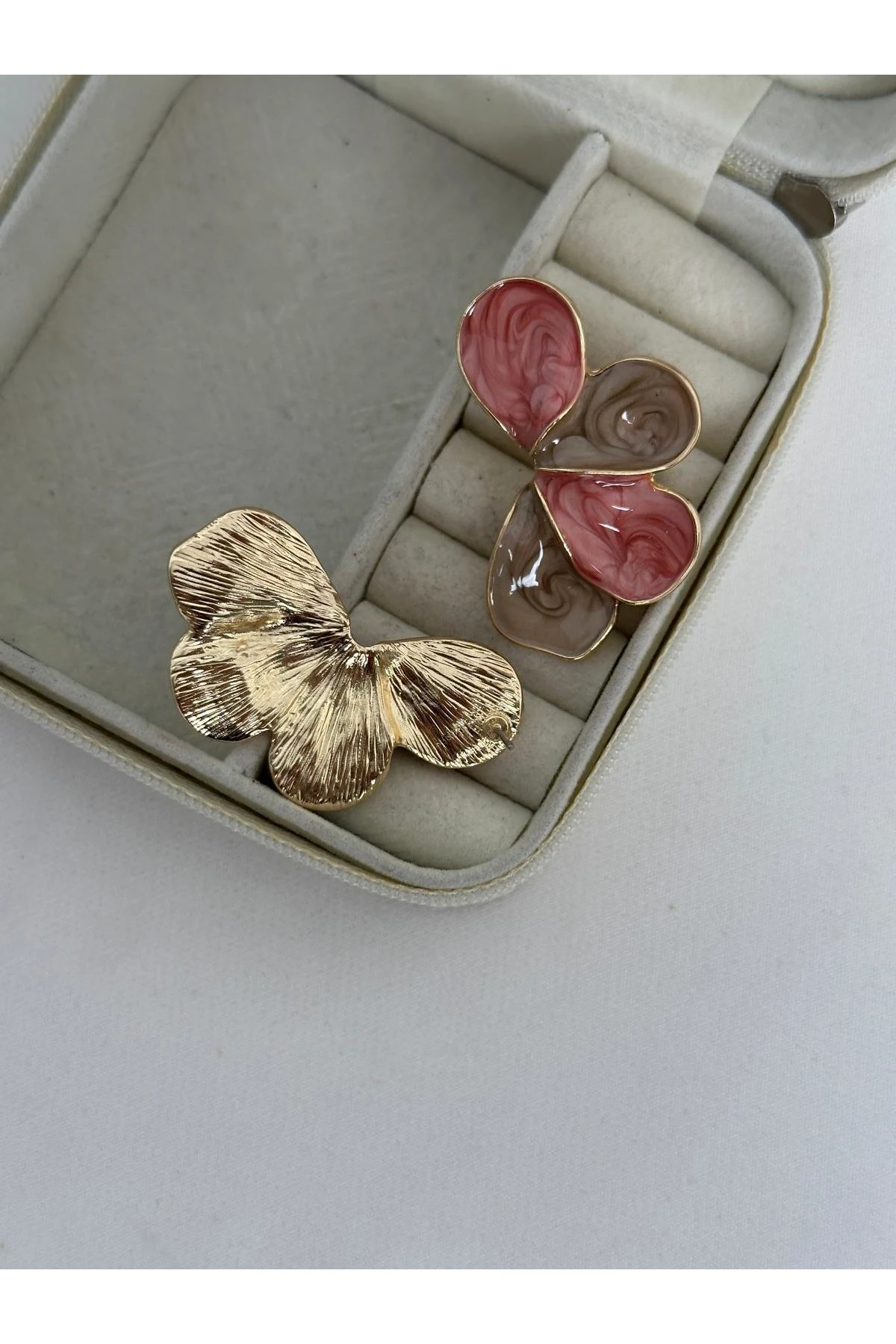 Dörtlü Yaprak Kesim Kahve Somon Küpe