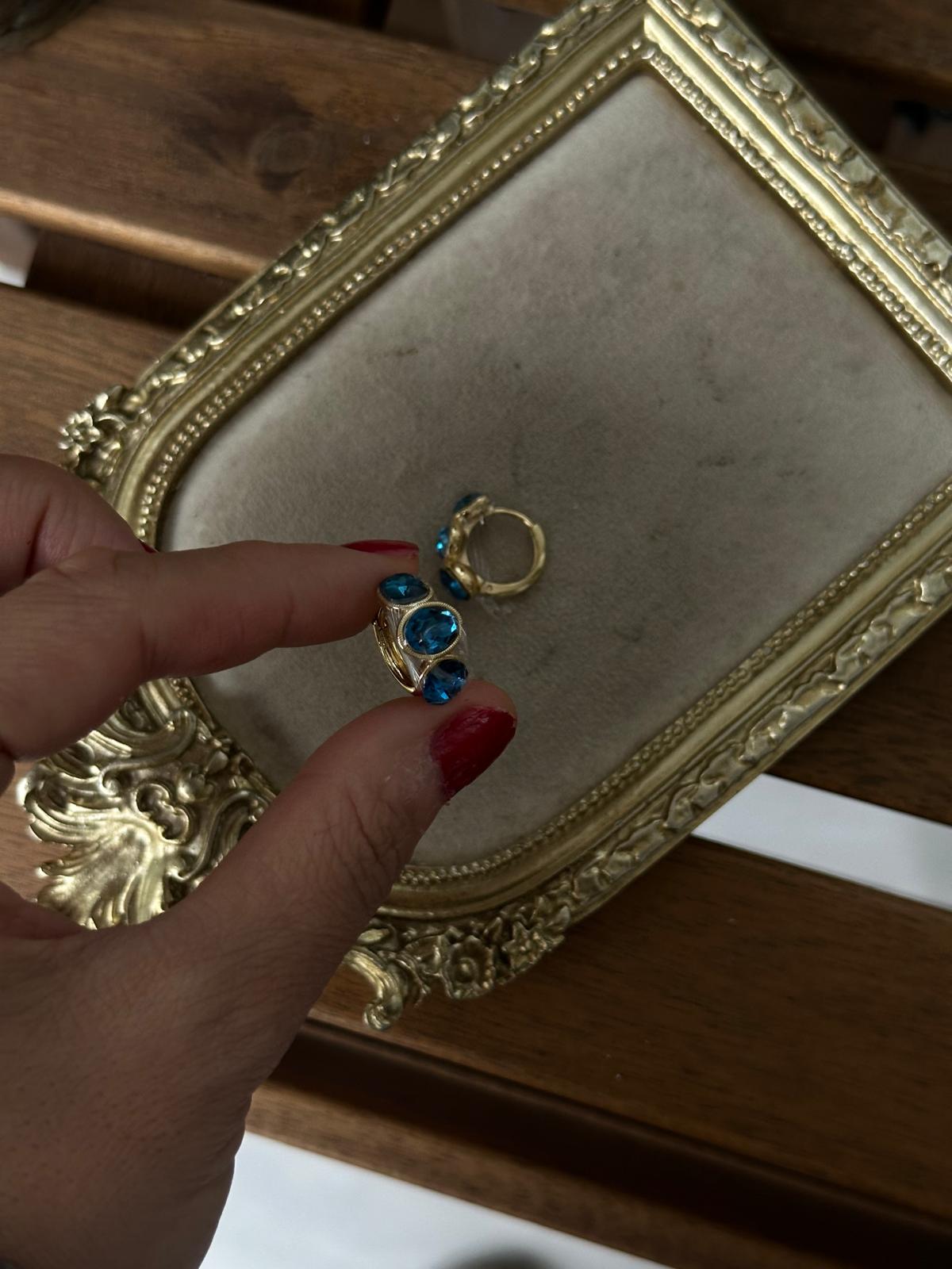 14K Gold Renkli Swaroski Mavi Üç Taşlı Küpe