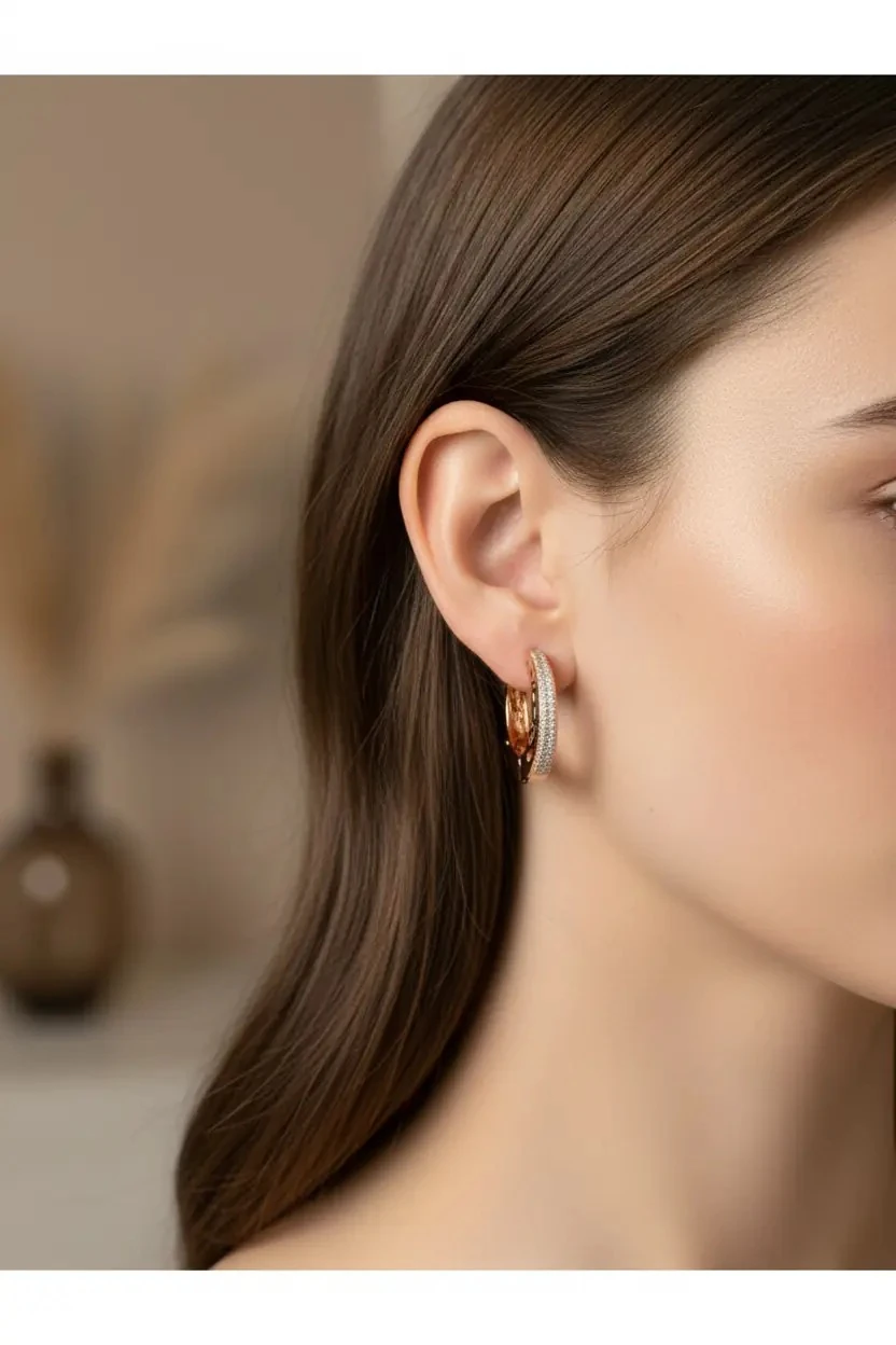 18K Rose Gold Renkli Marka Halka Beyaz Gömme Taşlı Küpe