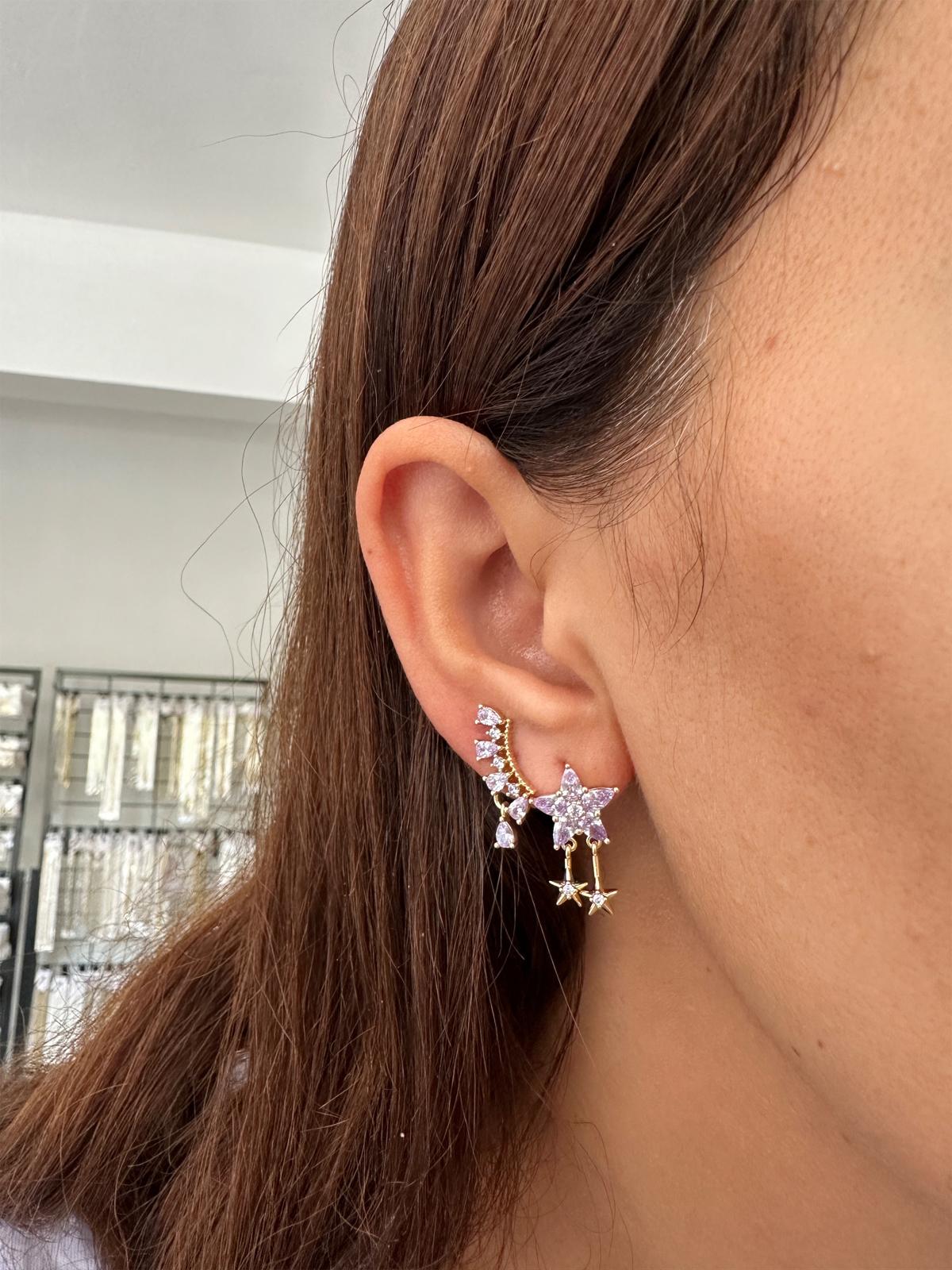 14K Gold Renkli Leylak Tonlu Yıldız İki Sarkık Taşlı Küpe