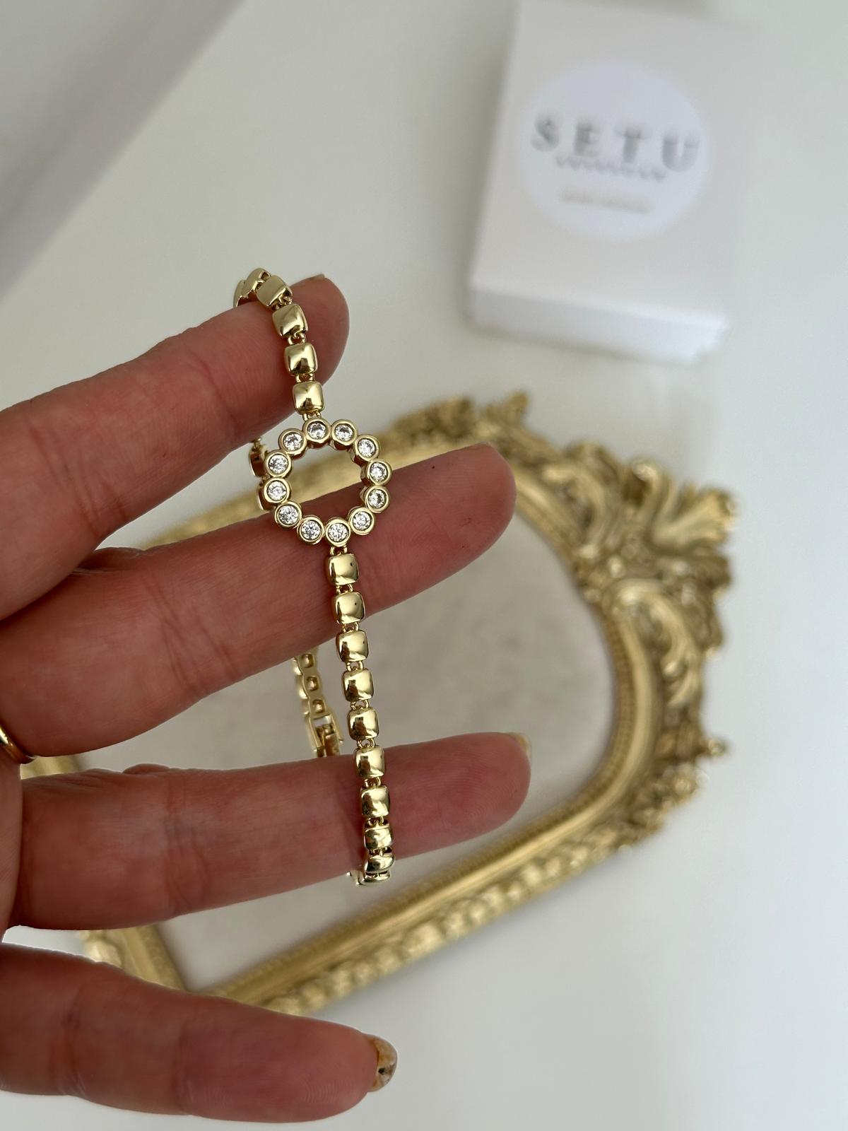 14K Gold Renkli Ortası Boş Taşlı Bakla Plaka Bileklik