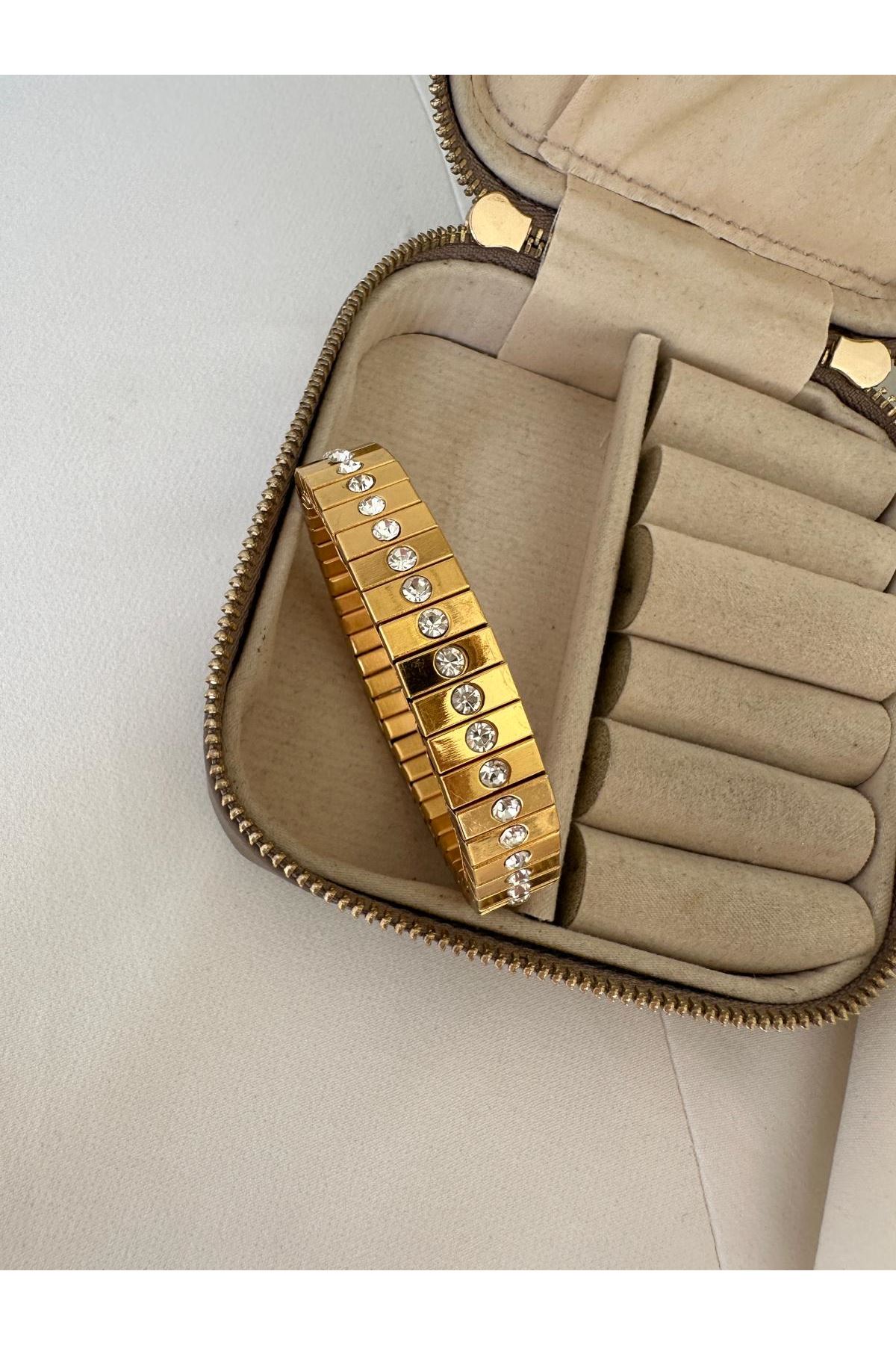 18K Rose Gold Renkli Ortası Taşlı Raylı Bileklik