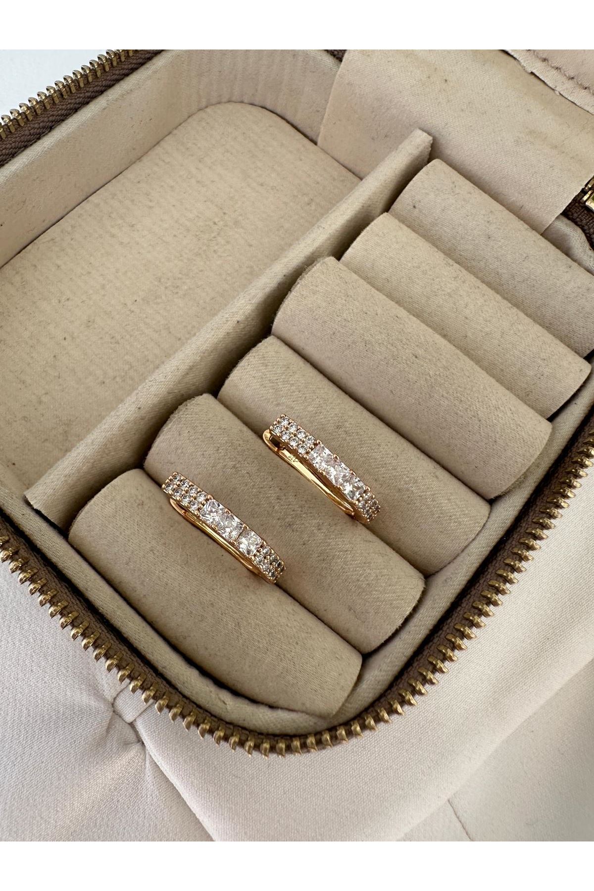 18K Rose Gold Renkli Lale Önü Gömme Kristal Taşlı Küpe