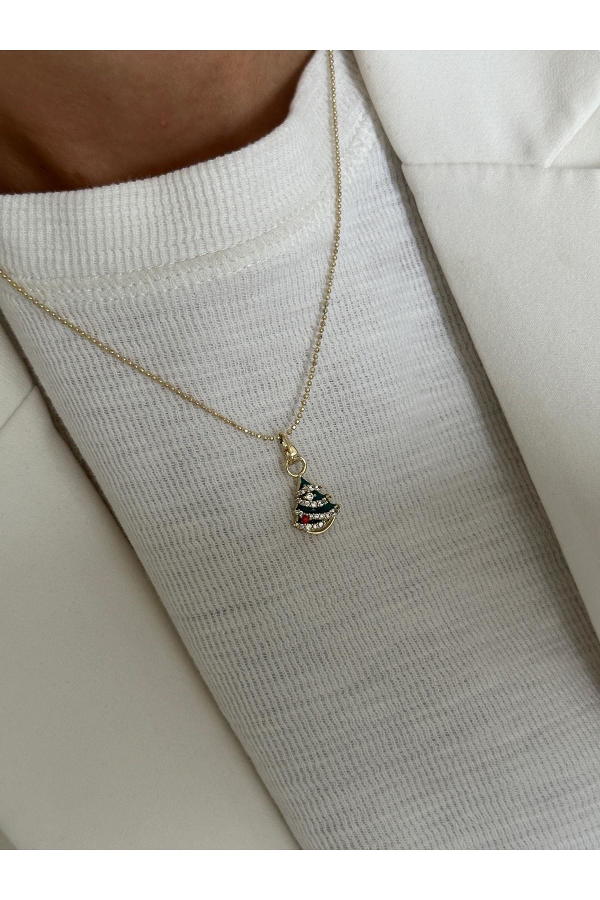 14K Gold Renkli  Yılbaşı Ağacı Temalı Dorika Minimal Kolye