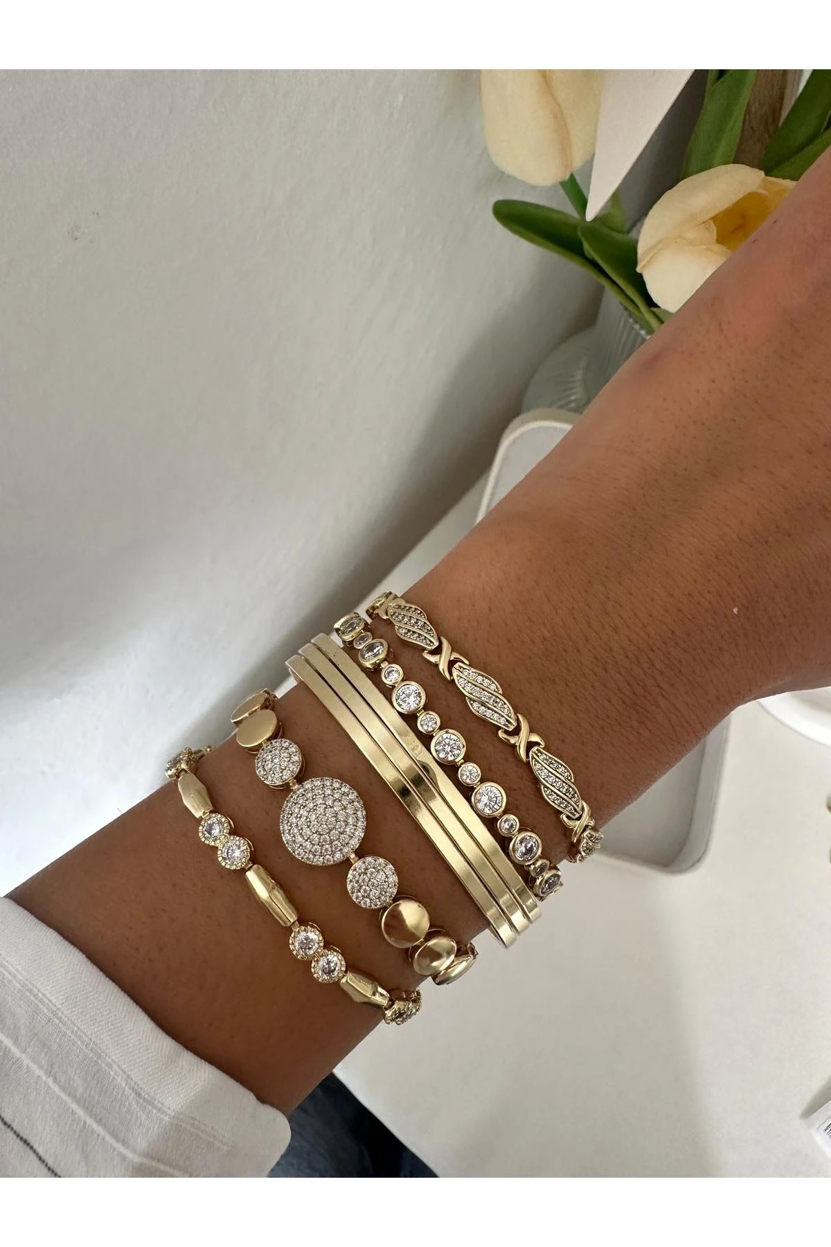 Gold14K Gold Renkli  Dorika Oval Topçuklu İkili Taşlı Bileklik