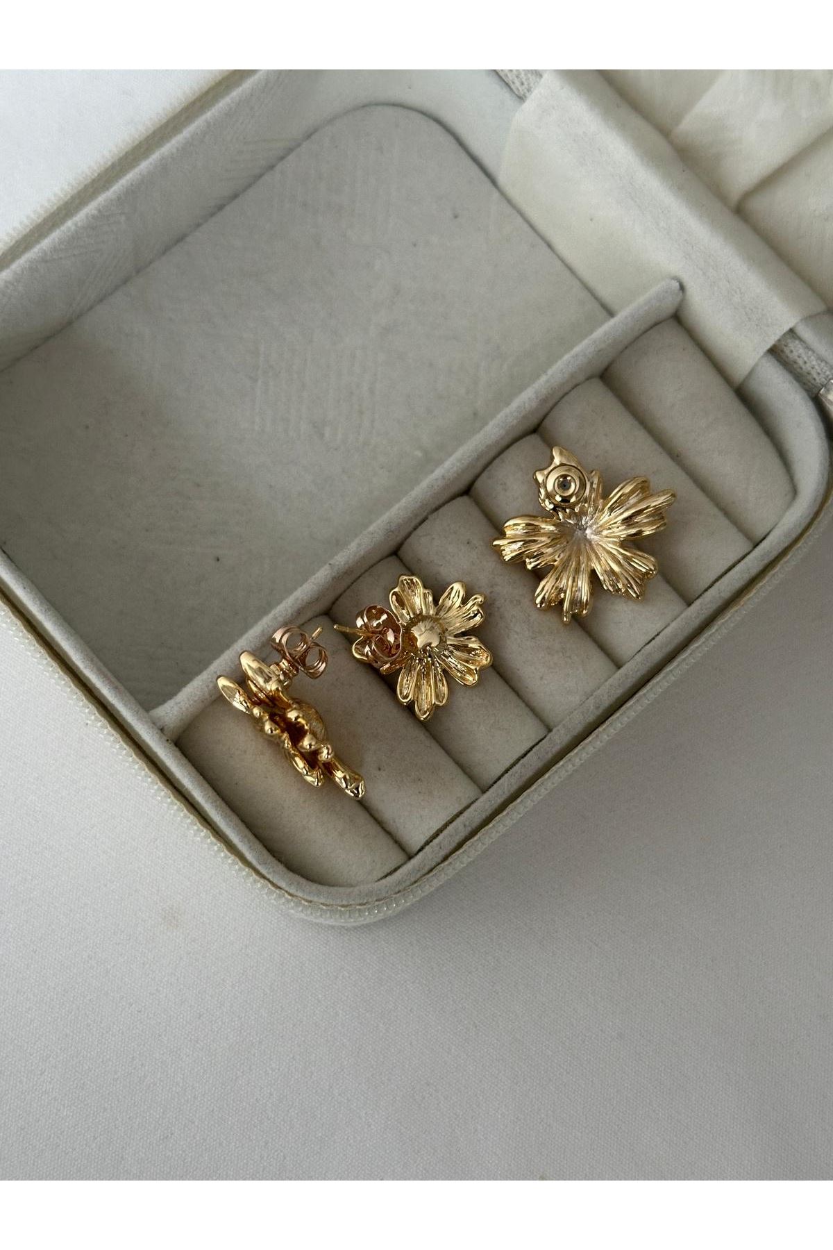 14K Gold Renkli  Çiçek Kabartma İki Kullanımlı Küpe