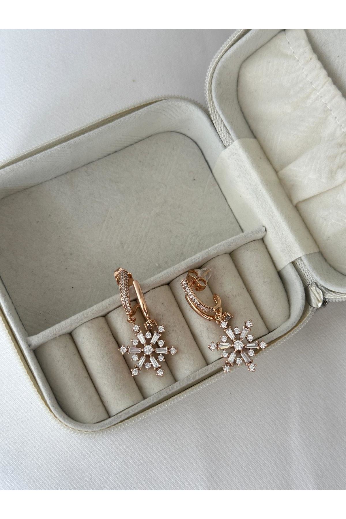 18K Rose Gold Renkli İkili Görünüm Kar Tanesi Kutup Yıldız Küpe