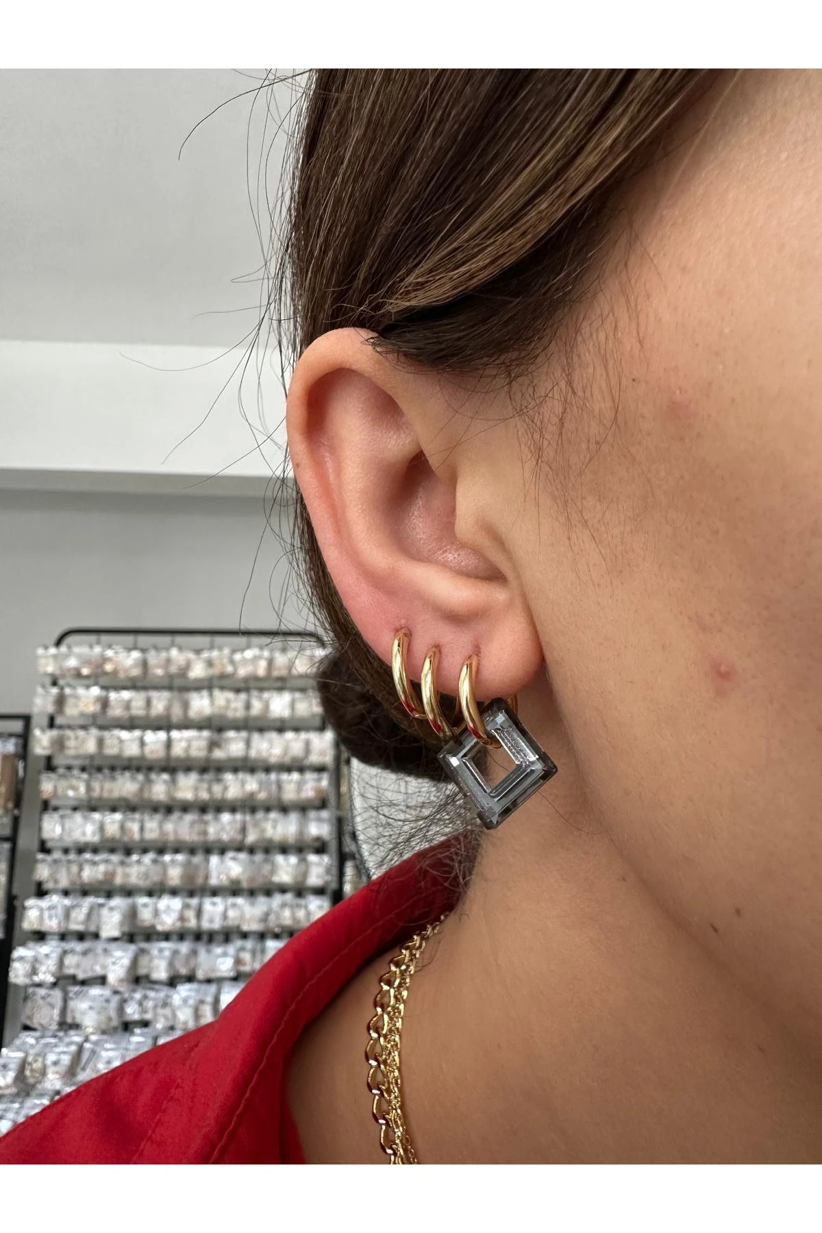 14K Gold Renkli  Halka Siyah Mineli Küpe