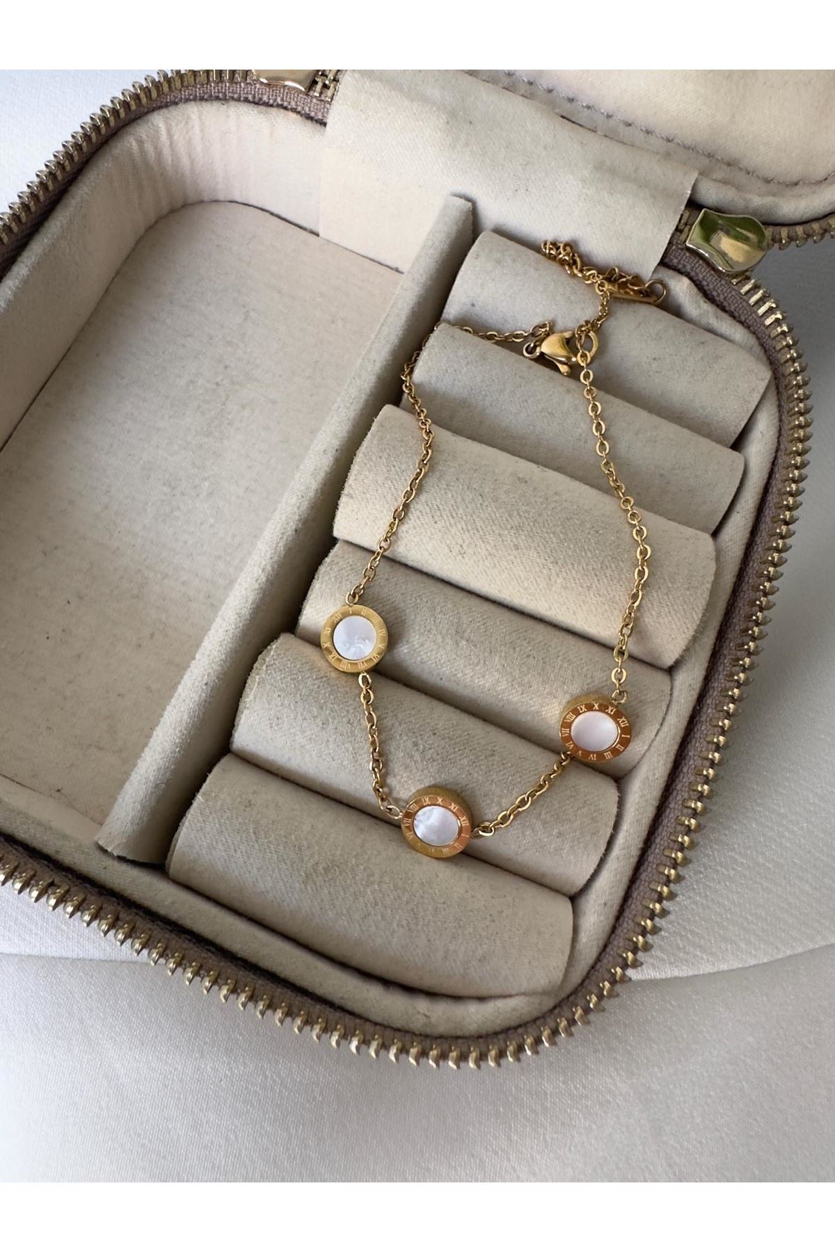 18K Rose Gold Renkli Marka Üçlü Beyaz Taşlı Halhal