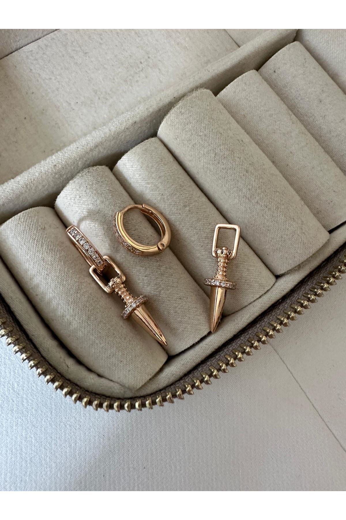 18K Rose Gold Renkli Halka Taşlı Çivi Sarkıt Küpe