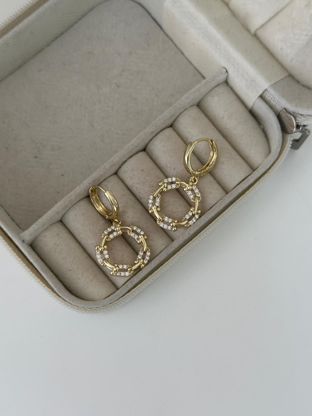 14K Gold Renkli İkili Halka Zincir Örme Taşlı  Küpe