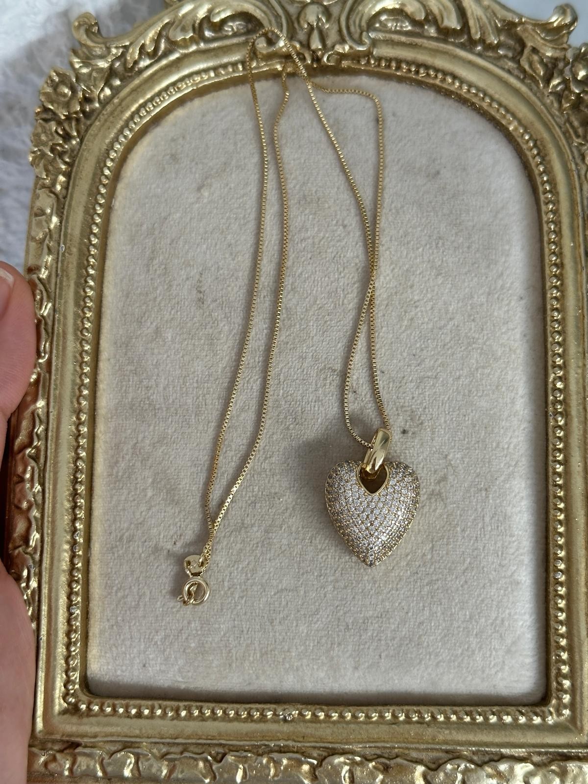 14K Gold Renkli Kalp Dolum Montür Taşlı Kolye