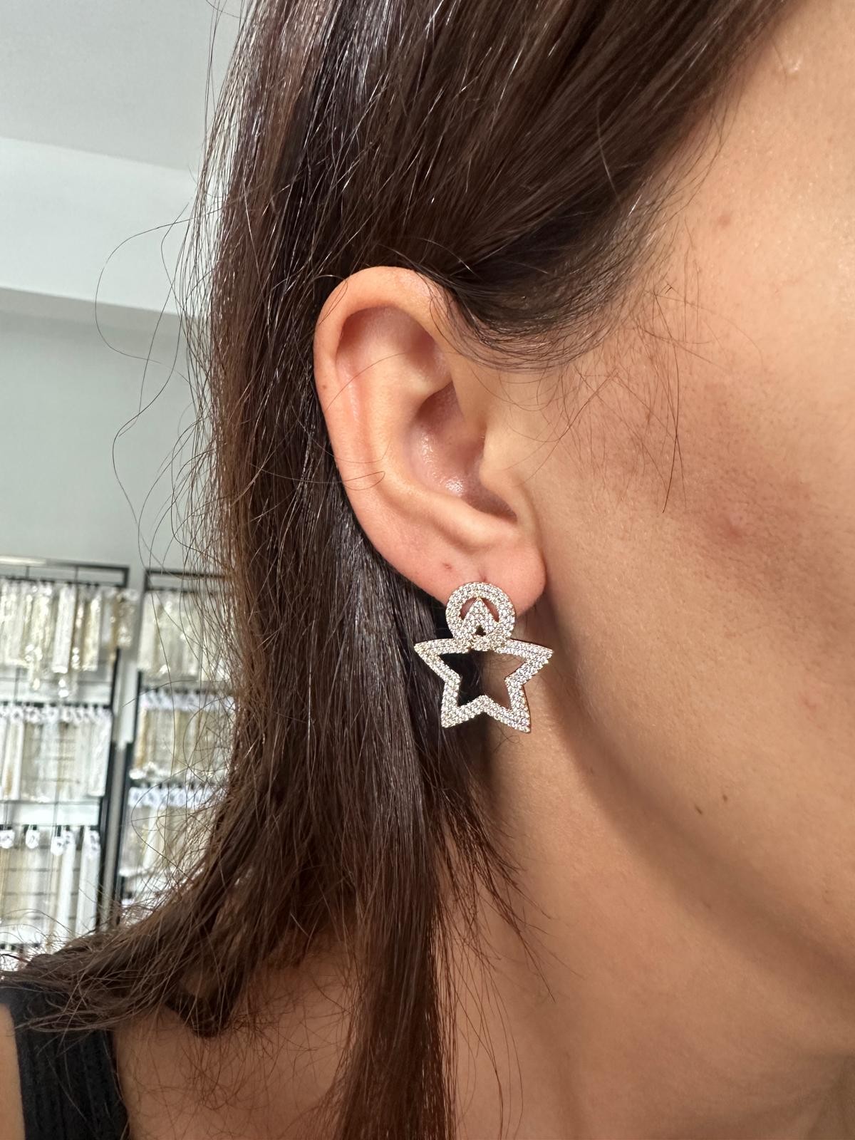 18K Rose Gold Star Halka Geçmeli Full Montür Taşlı Küpe