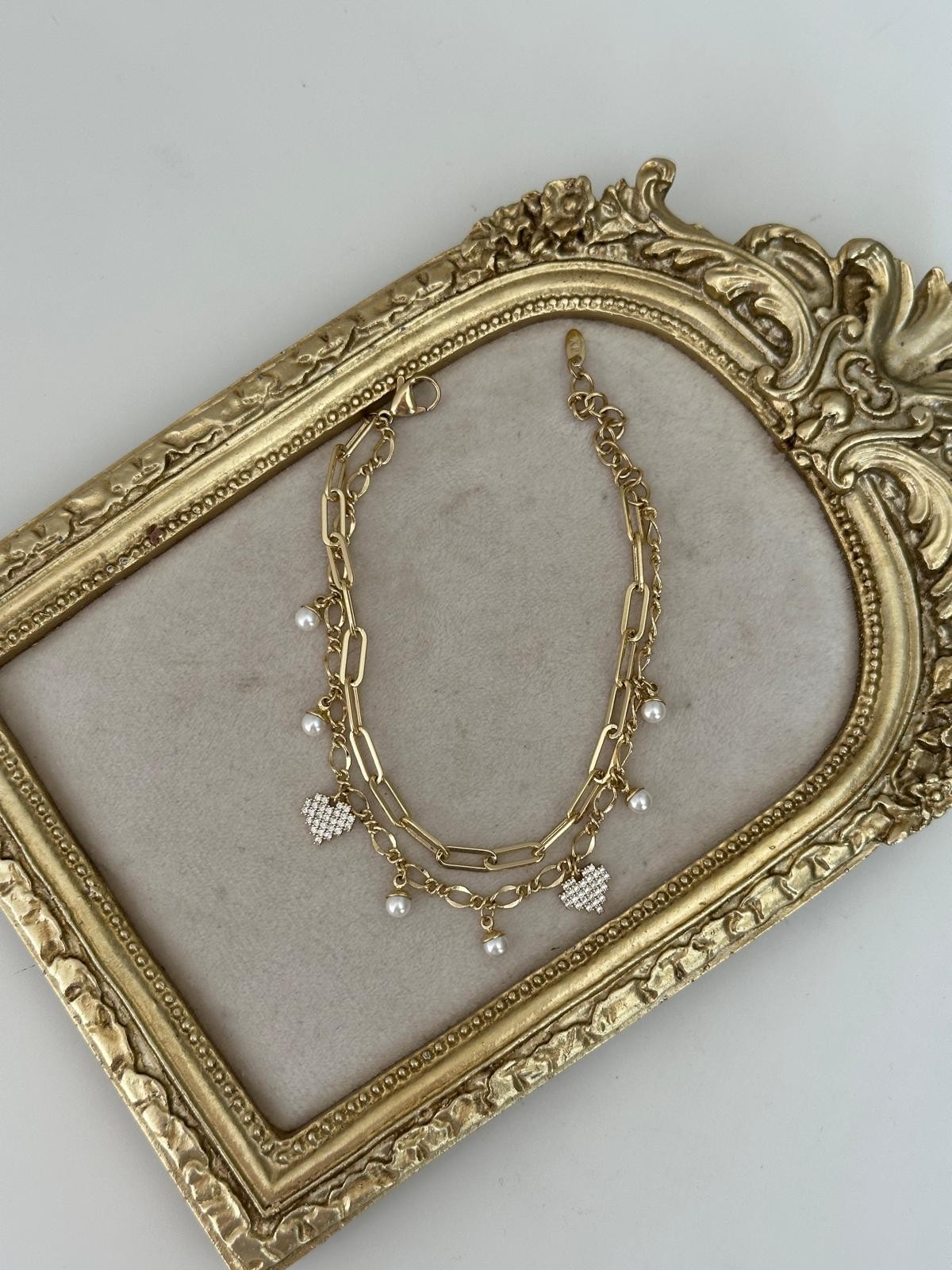 14K Gold Renkli İkili Zincir Kalp İnci Figürlü Bileklik