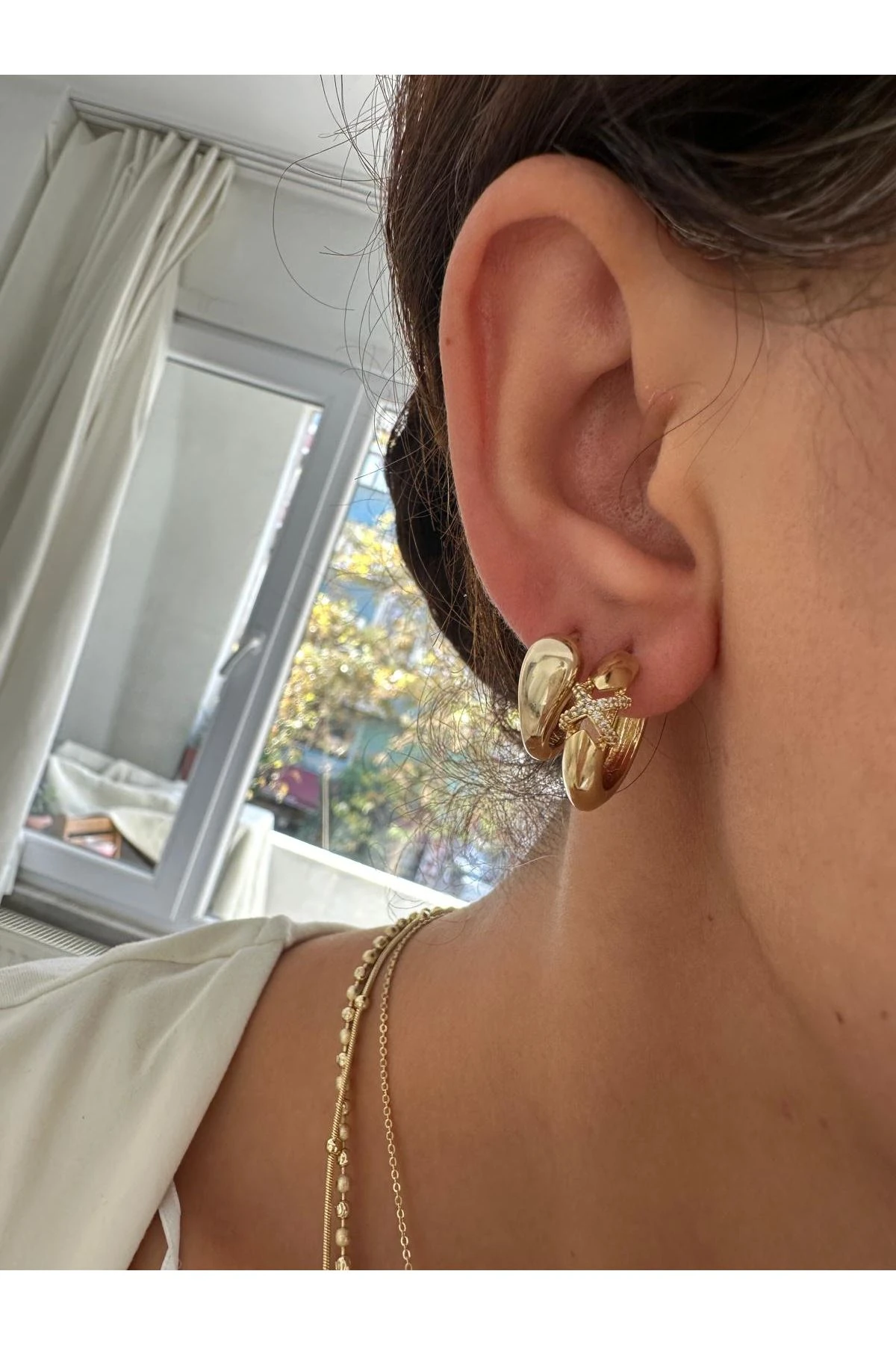 14K Gold Renkli  Halka X Taşlı Bomb Küpe