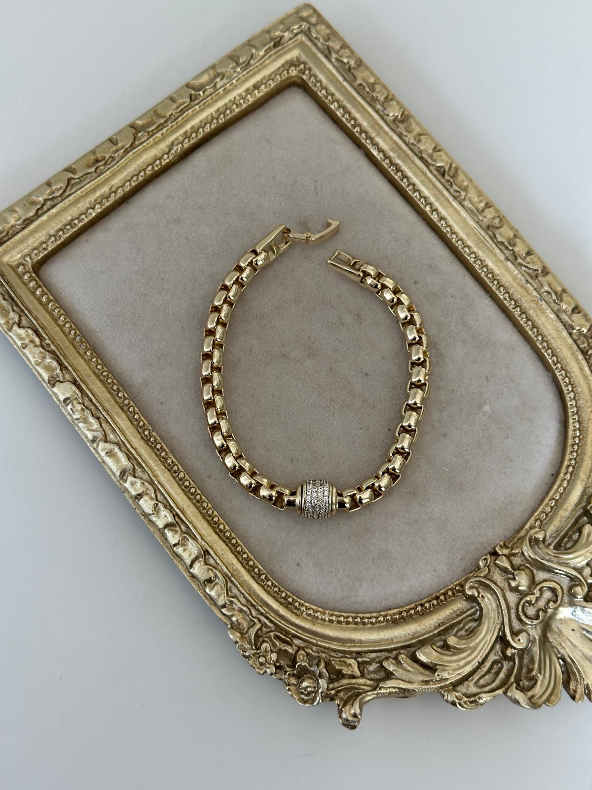 14K Gold Renkli Arnavut Zincir Ortası Silindir Taşlı Bileklik