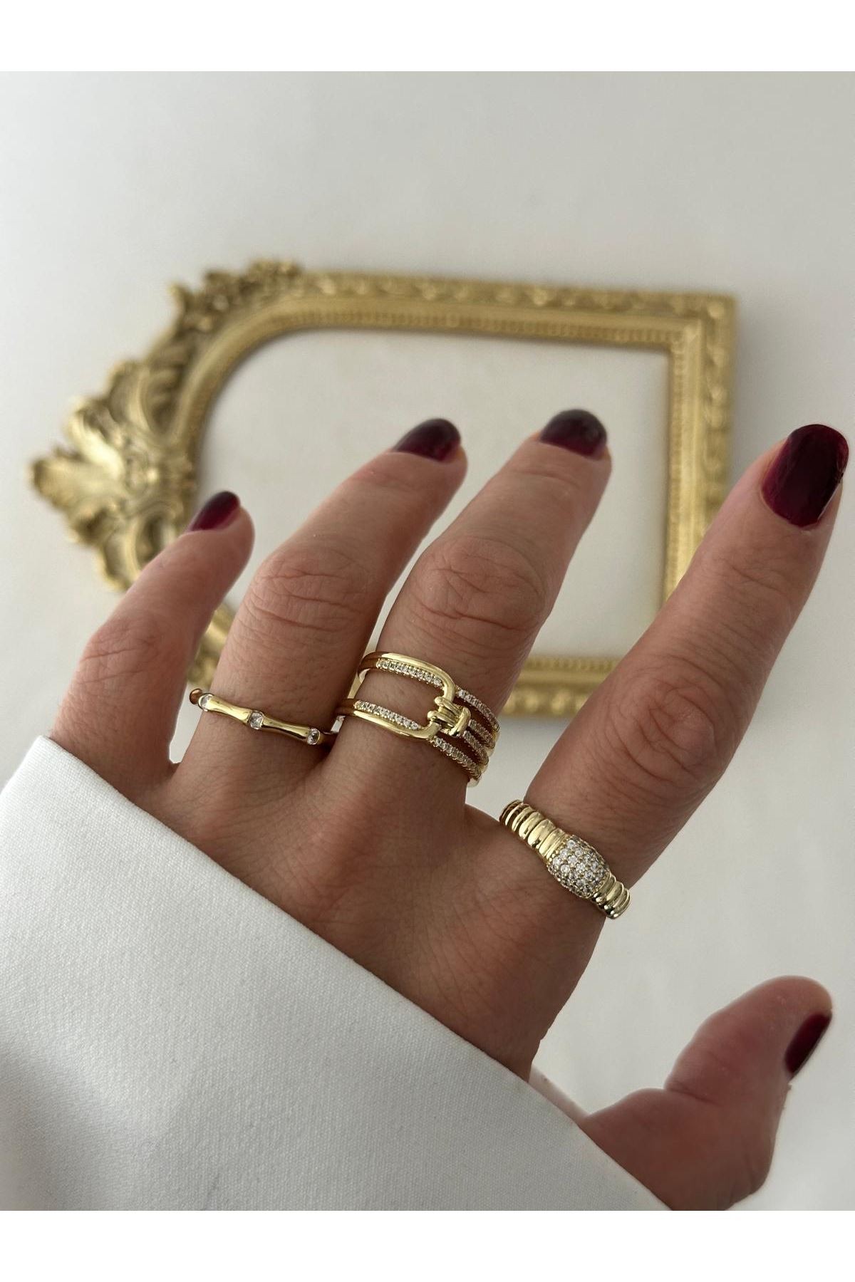 14K Gold Renkli  Ayarlanabilir Full Şerit Taşlı Yüzük 6/7 No