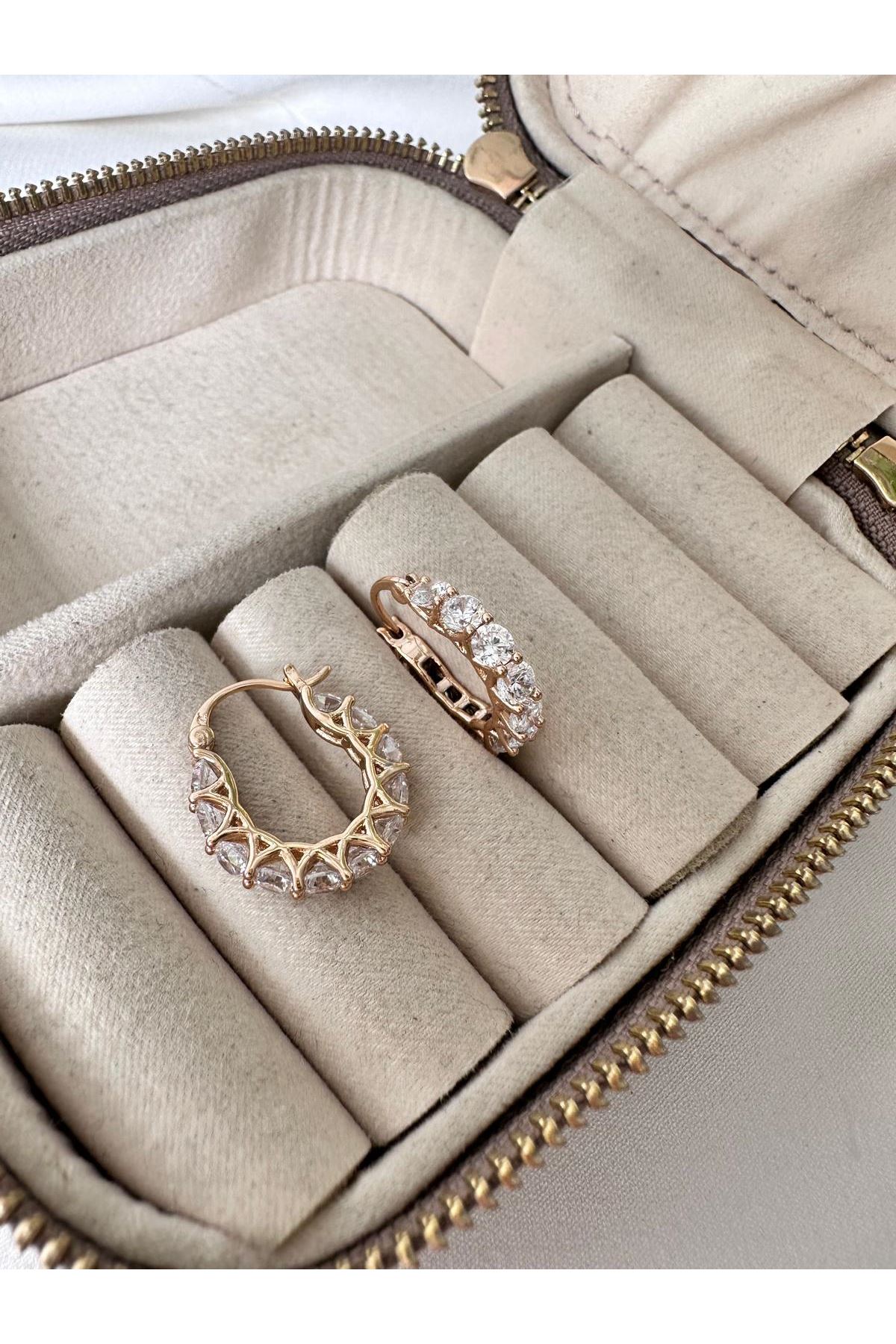 18K Rose Gold Renkli Elmas Form Halka Taşlı Küpe