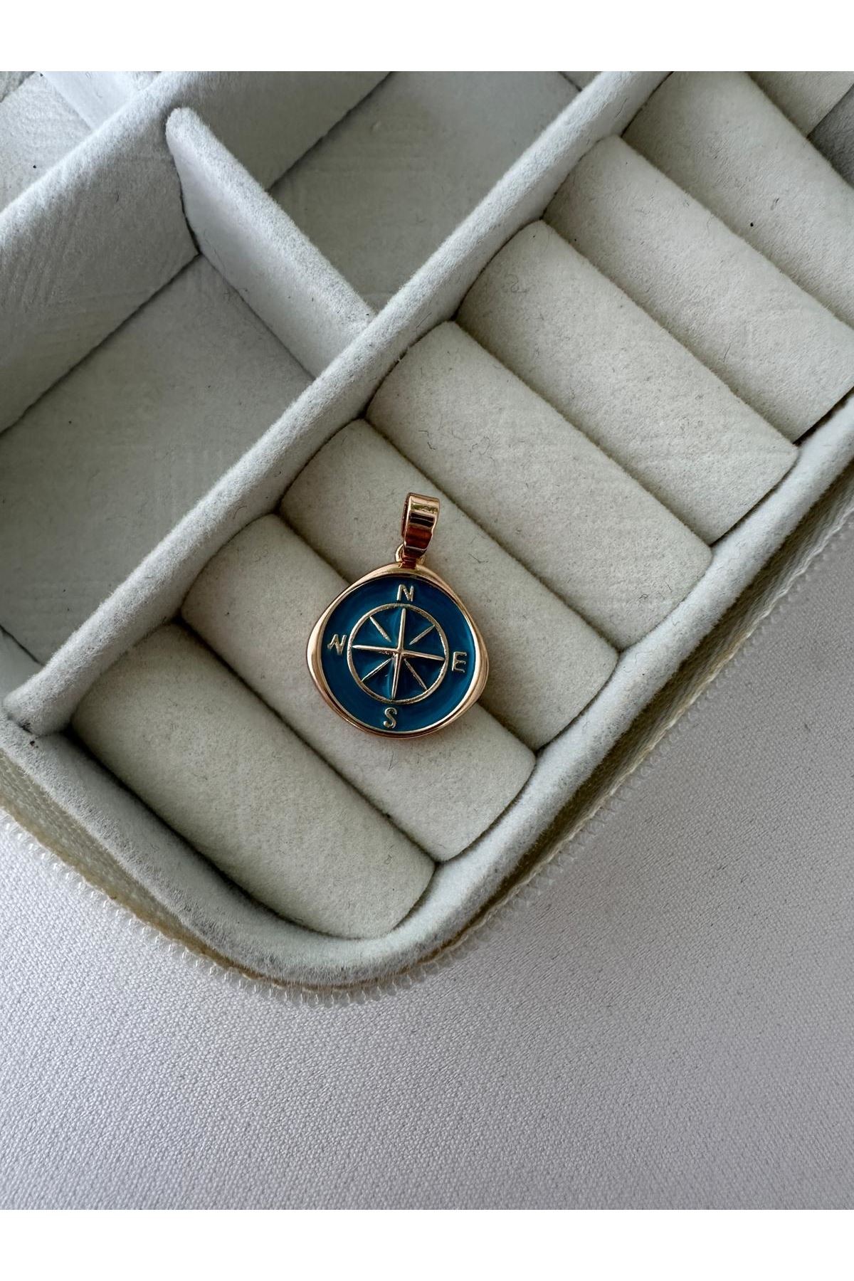 18K Rose Gold Renkli Mavi Pusula Kolye Ucu
