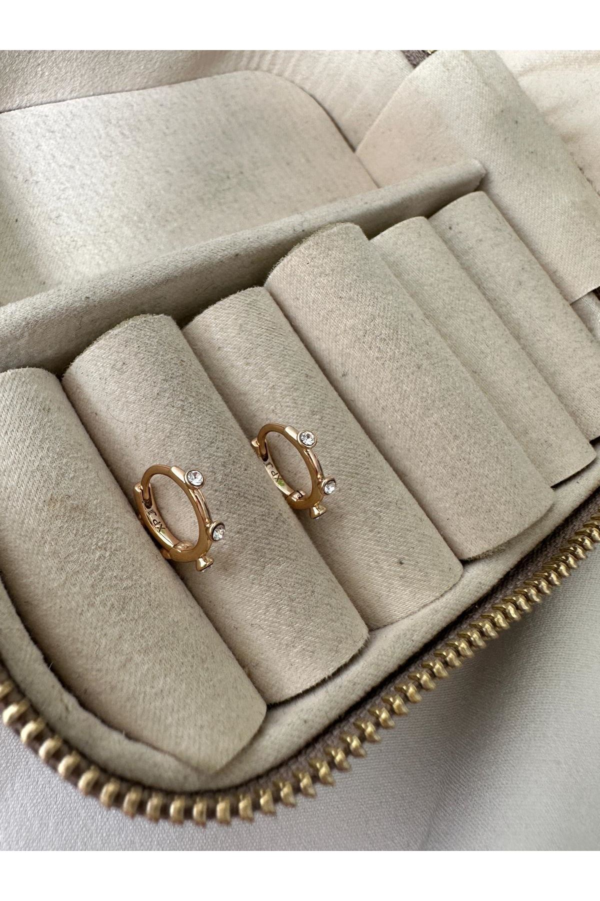 18K Rose Gold Renkli Minimal Halka Minik Taşlı Küpe