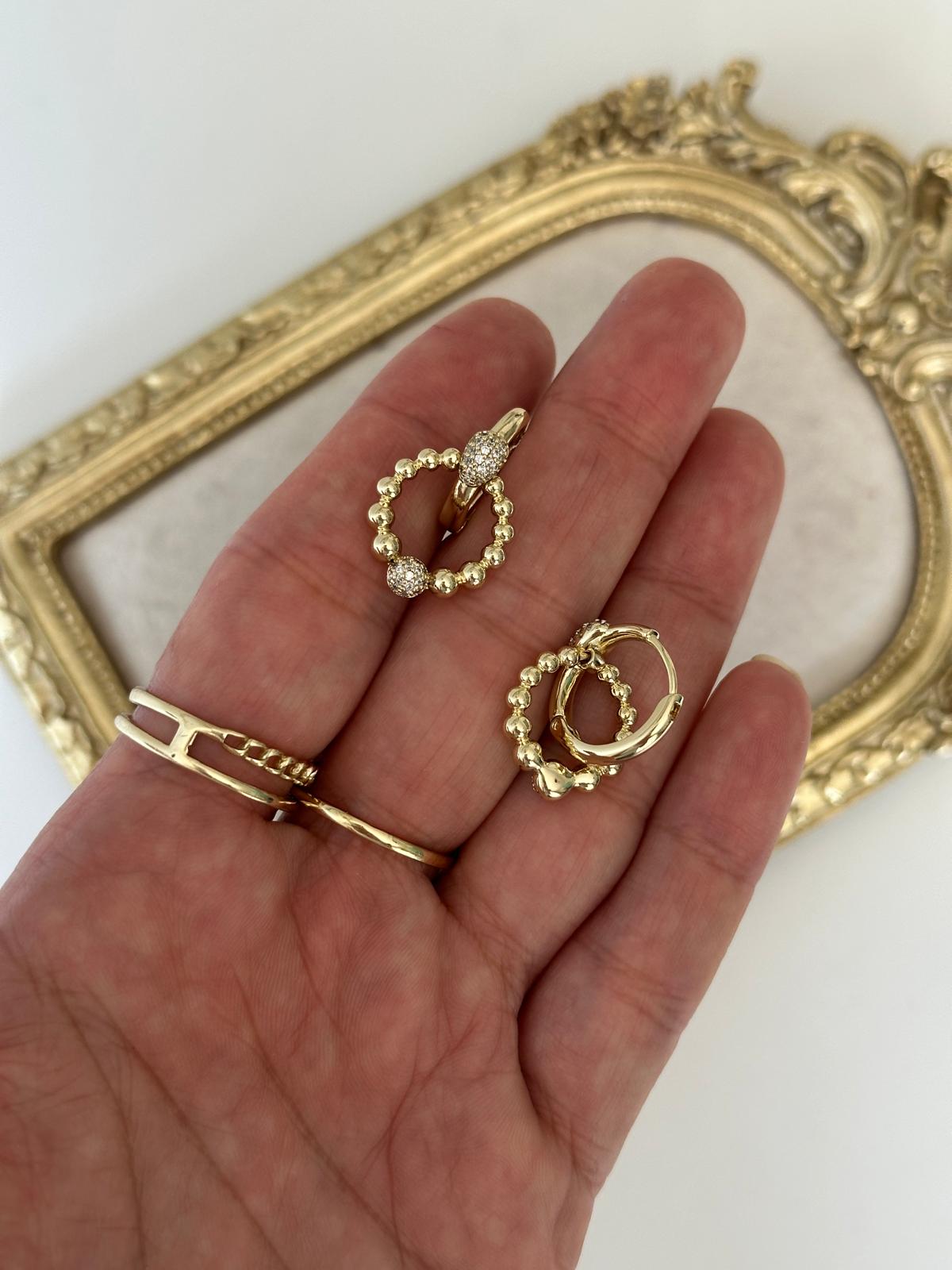 14K Gold Renkli İkili Halka Topçuk Taşlı Premium Küpe