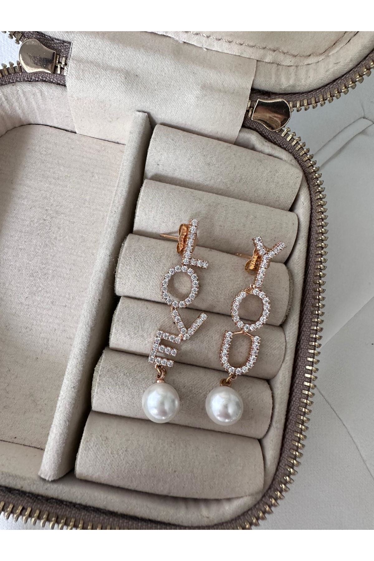 18K Rose Gold Renkli Love You İncili Küpe