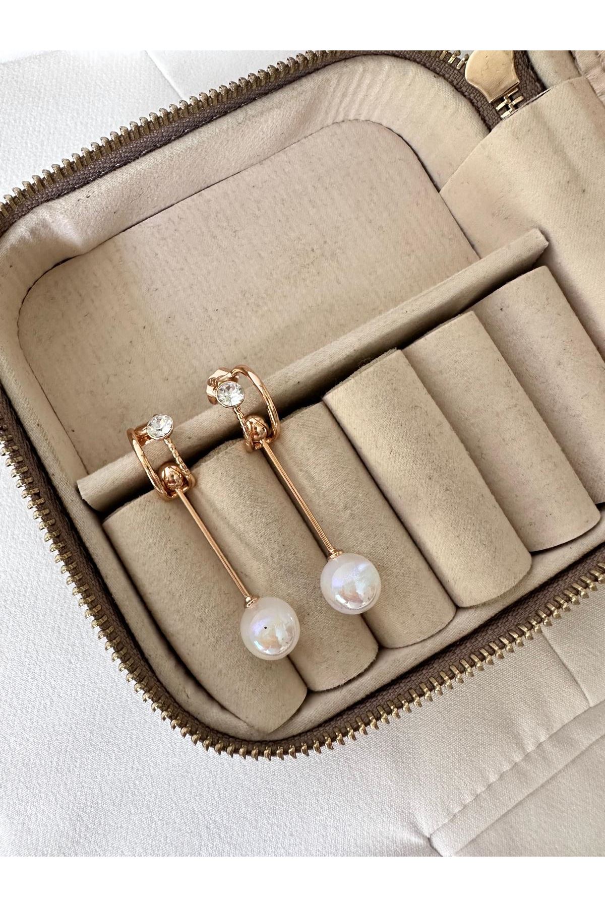 18K Rose Gold Renkli Oynar Çubuklu Top İnci Küpe