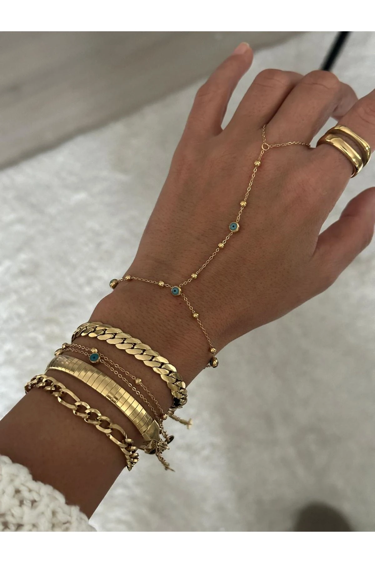 Gold İkili Nazarlı Topçuklu Bileklik