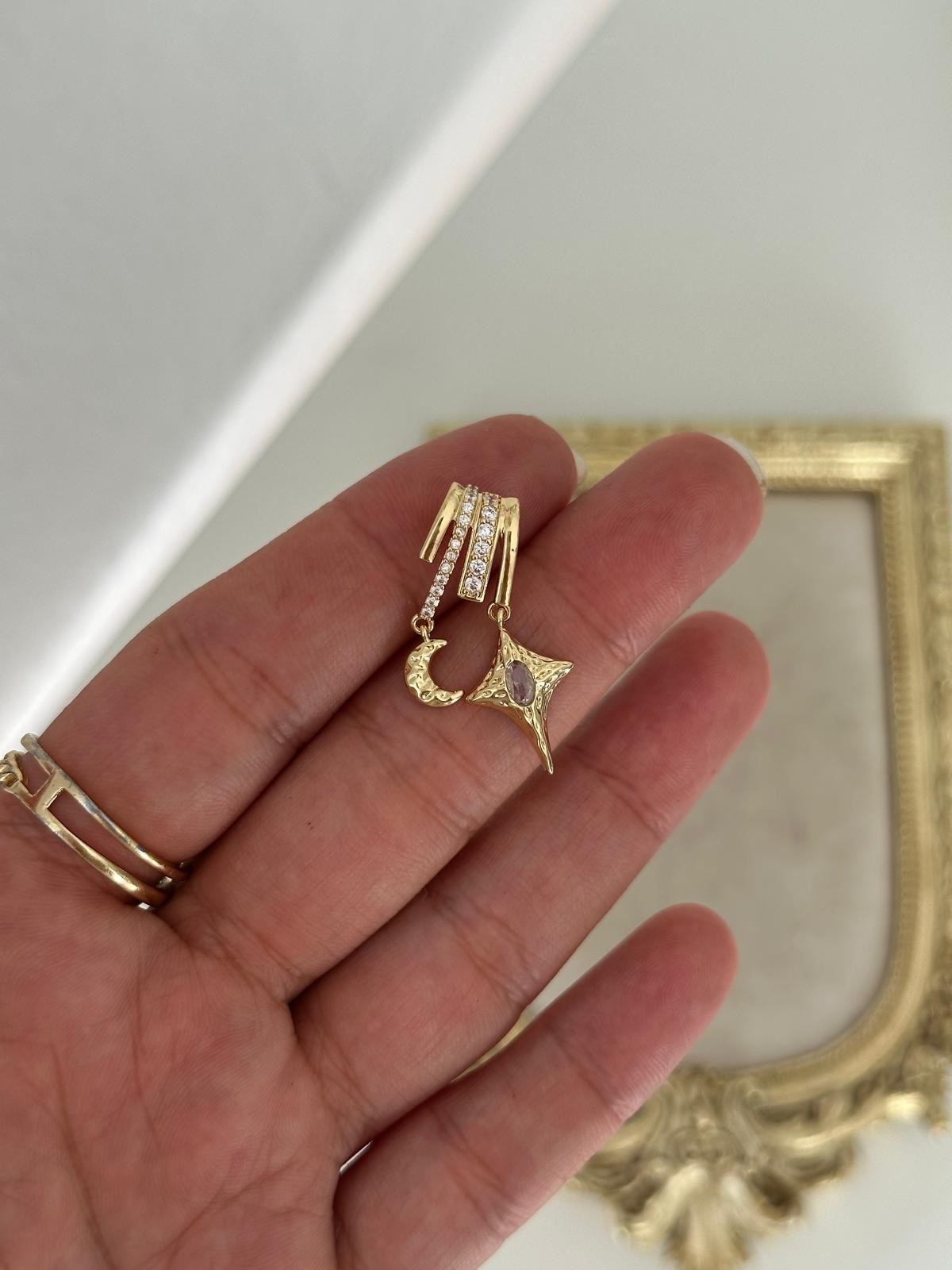 14K Gold Renkli Kutup Yıldızı AY Taşlı Kolye Ucu
