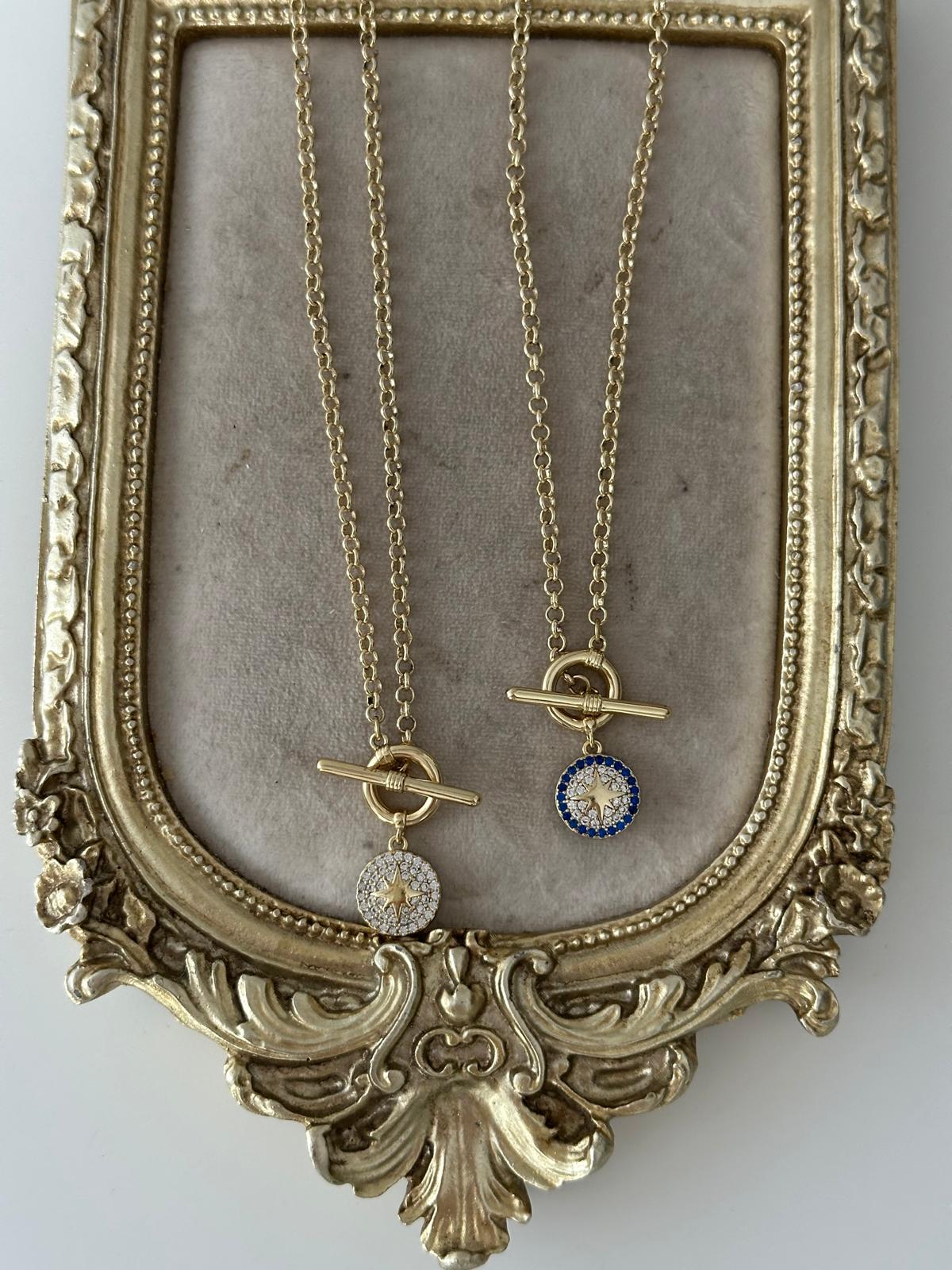 14K Gold Renkli Kutup Yıldızı Taşlı Dümen Kilit Kolye
