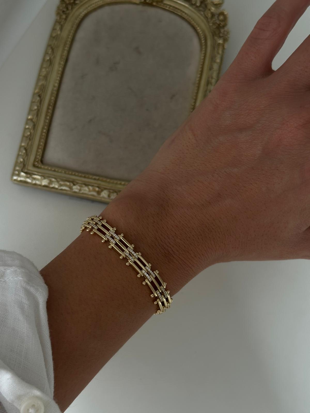 14K Gold Renkli Topçuklu Ortası Çift Şerit Taşlı Bileklik