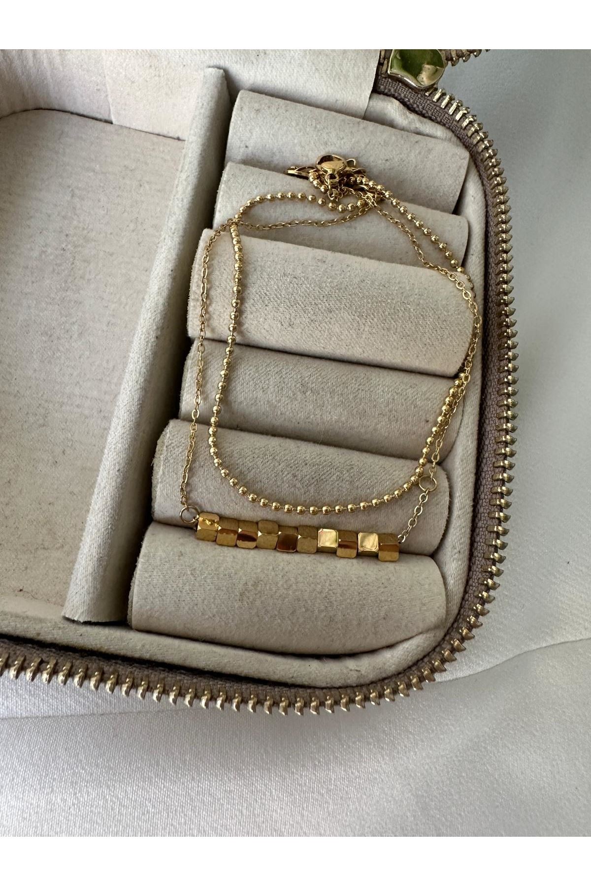 18K Rose Gold Renkli Dorika Küp İkili Zincir Halhal