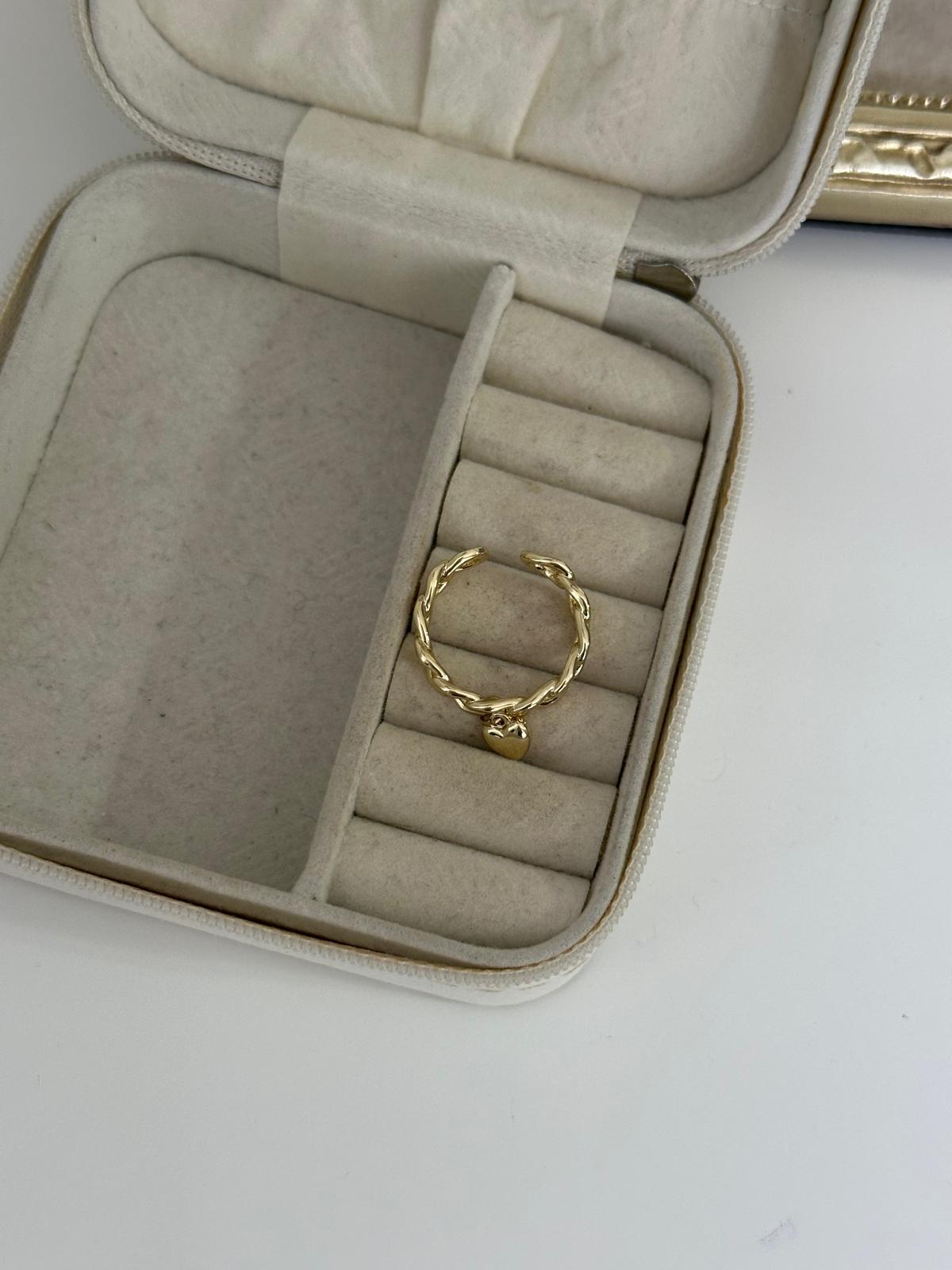 14K Gold Renkli Örme Zincir Kalp Detaylı Ayarlanabilir Yüzük