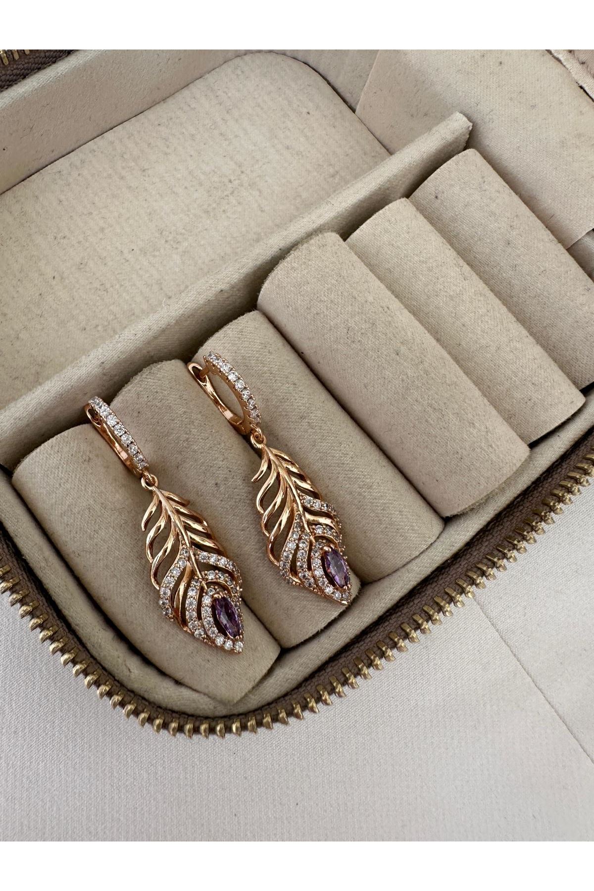 18K Rose Gold Renkli Yaprak Mor Damla Taş Küpe