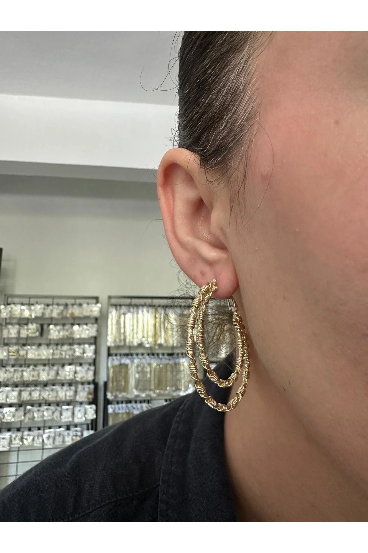 14K Gold Renkli İkili Büyük Tel Varak Oval Kesim Halka Küpe