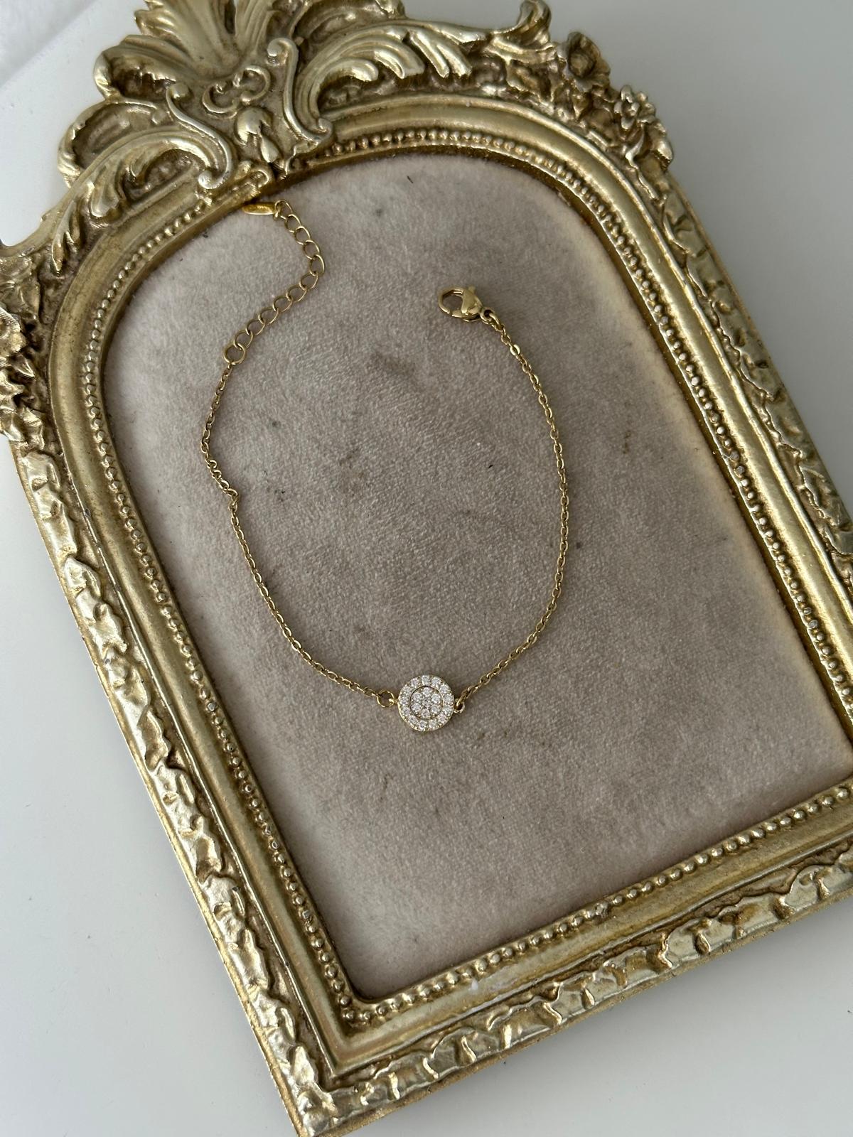 14K Gold Renkli Ortası Yuvarlak Taşlı Minimal Zincir Bileklik