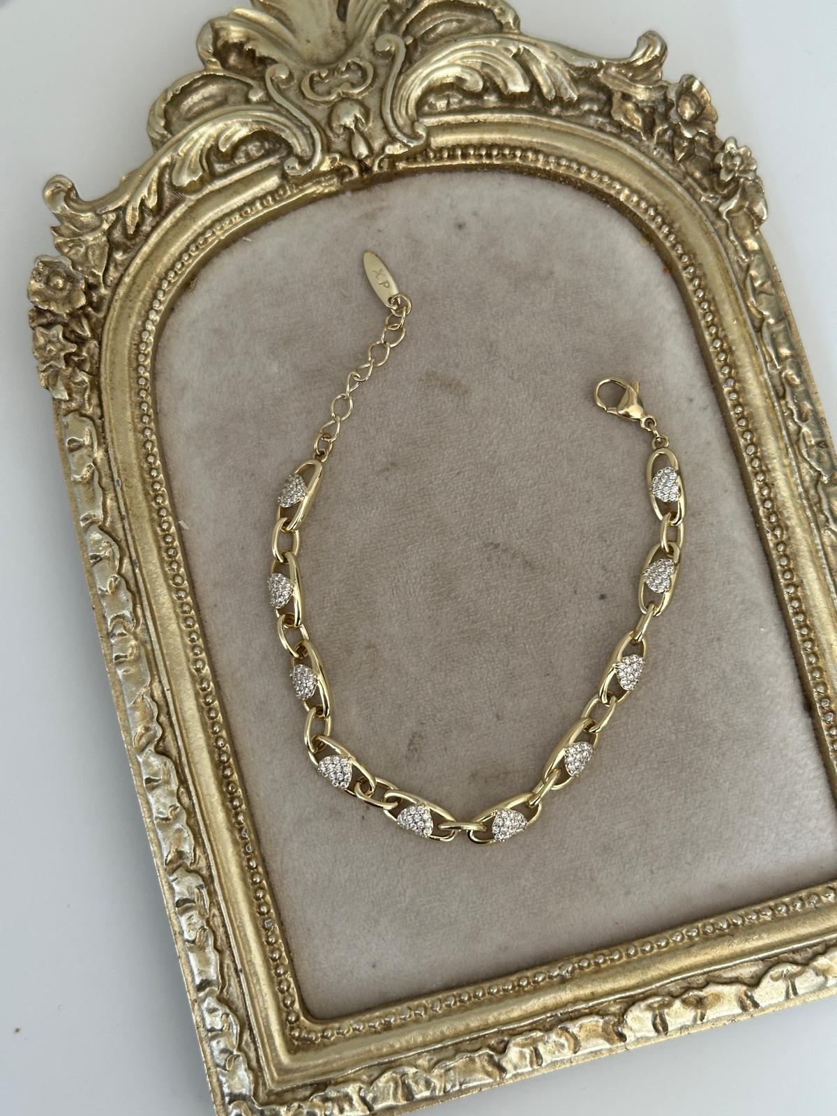 14K Gold Renkli Oval Kesim İçi Full Kalp Taşlı Bileklik