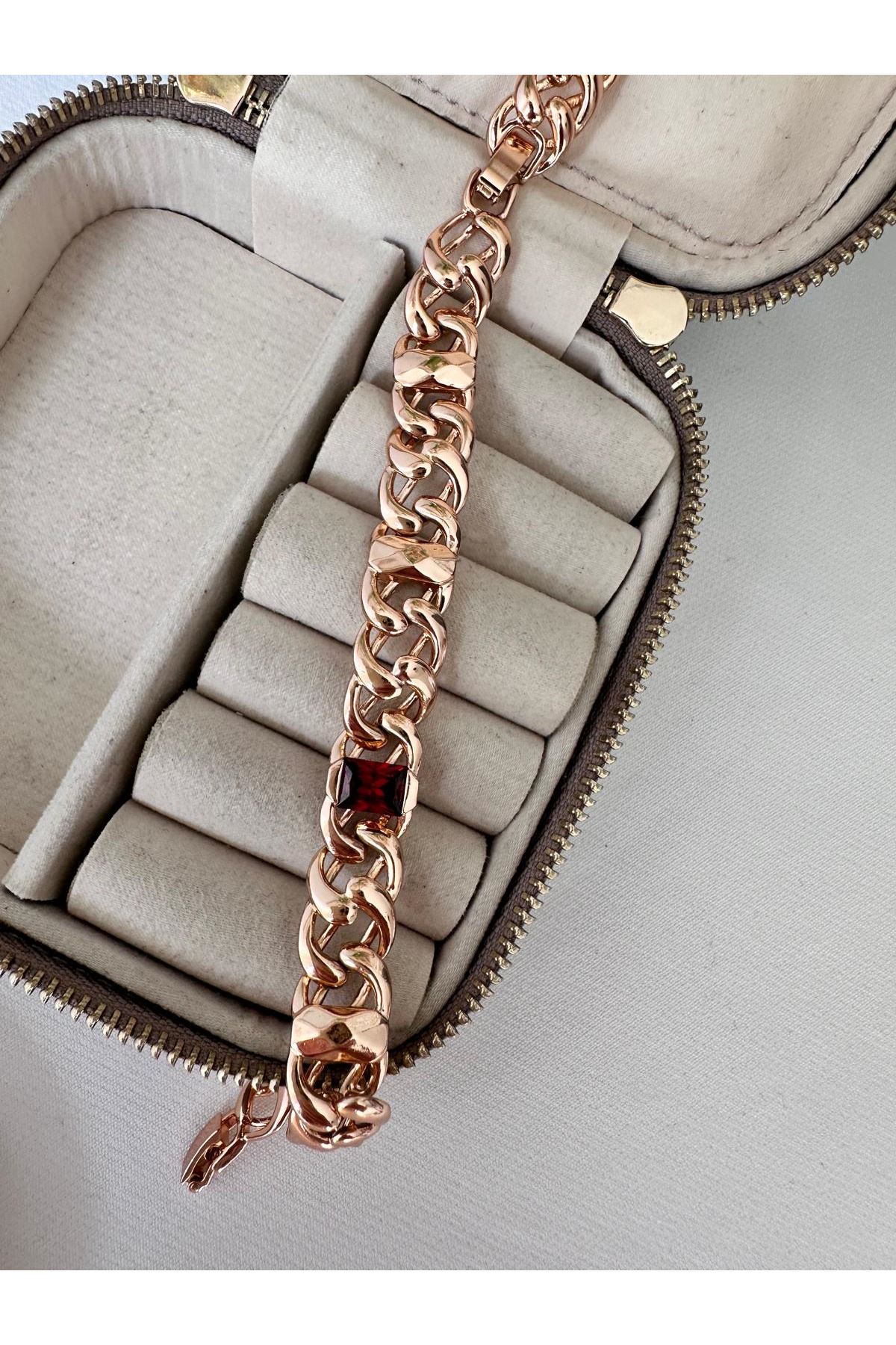 18K Rose Gold Renkli Kalın Örme Ortası Kırmızı Taşlı Bileklik