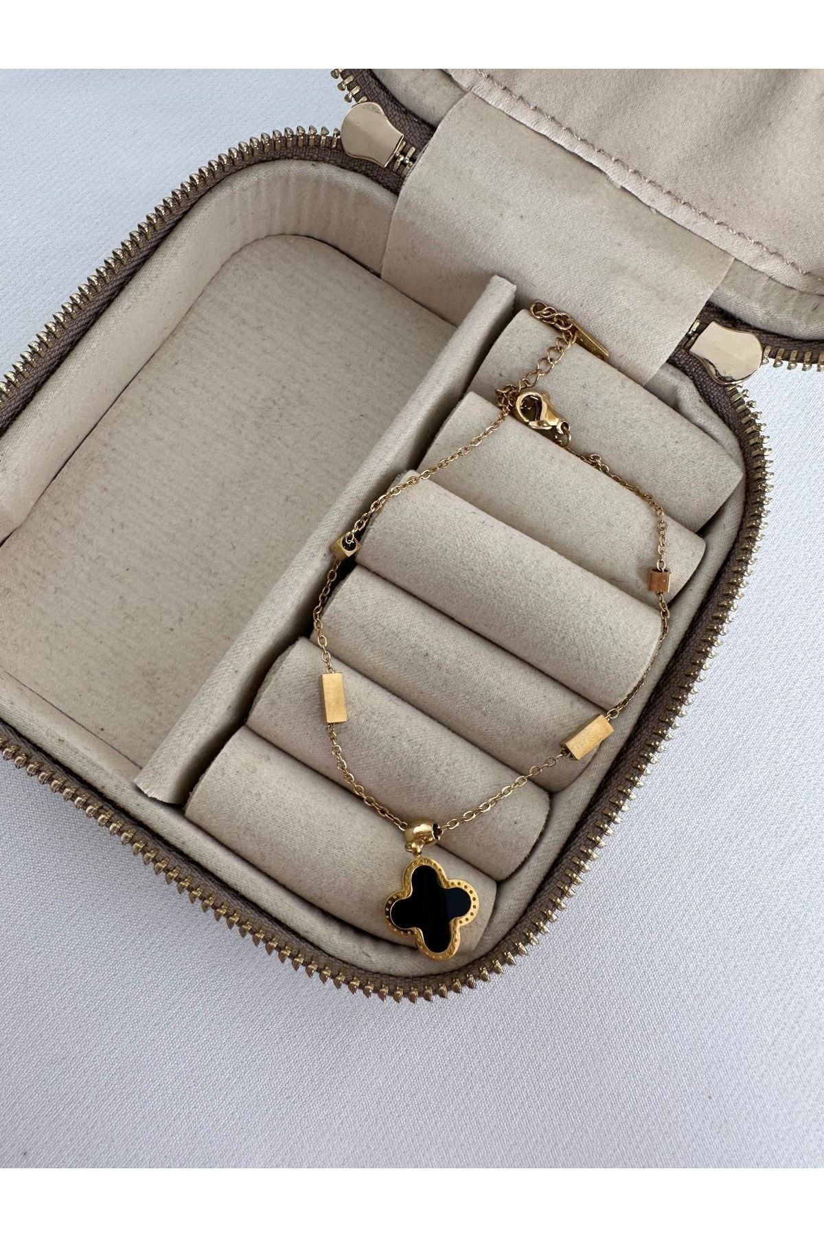 18K Rose Gold Renkli Marka Çift Taraflı Siyah Beyaz Marka Taşlı Halhal