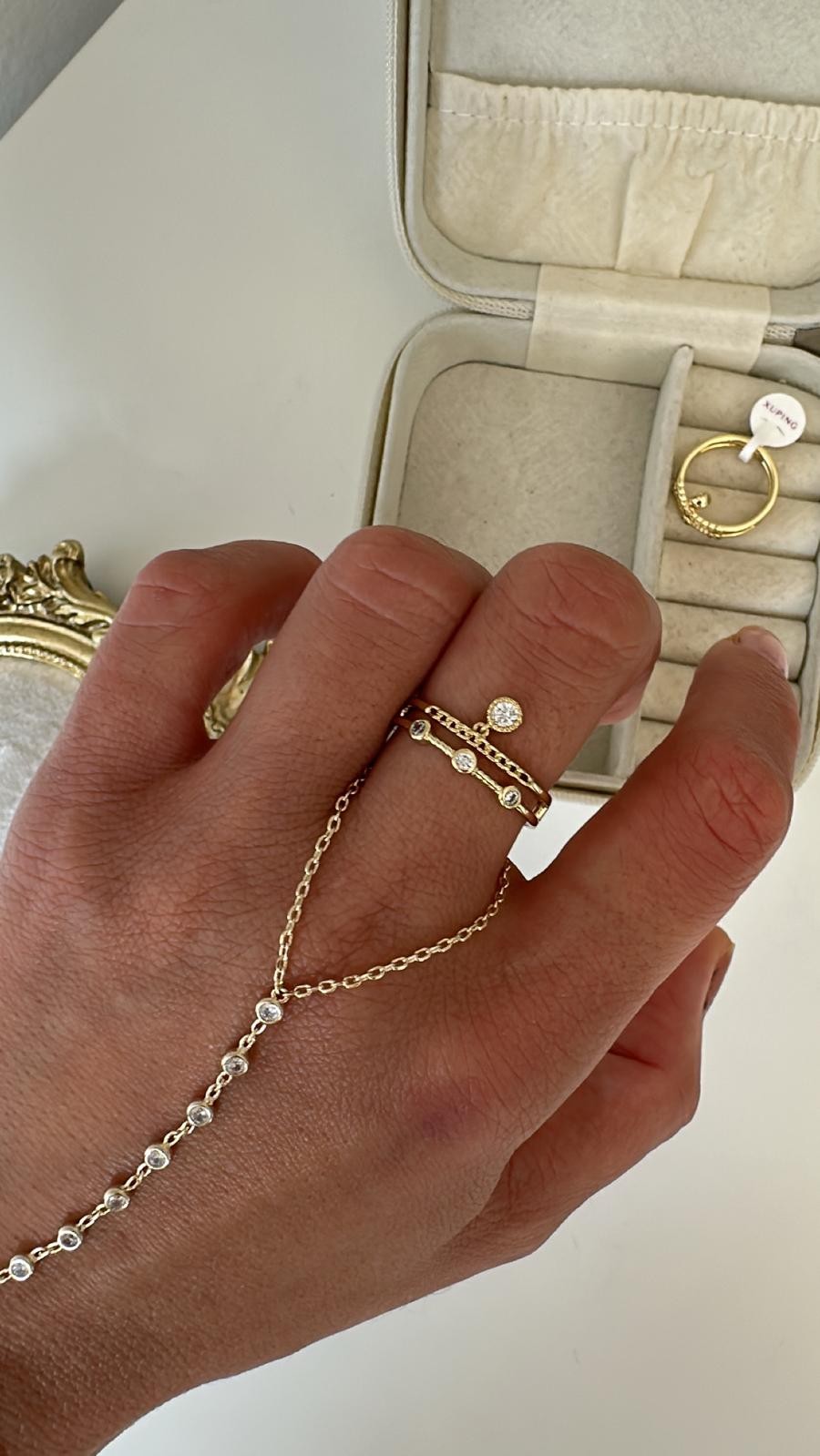 14K Gold Renkli İkli Damla Yuvarlak Sarkık Taşlı Yüzük