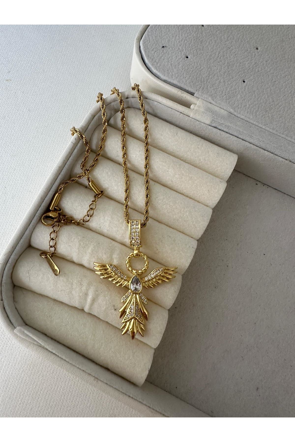 14K Gold Renkli  Burgu Zincir Anka Kuşu Kolye Beyaz Taşlı